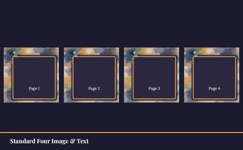 The Standard Four Image & Text module in the Watercolor Cookbook — Four plates · Dusk layout, 4 image slots with labelled placeholders