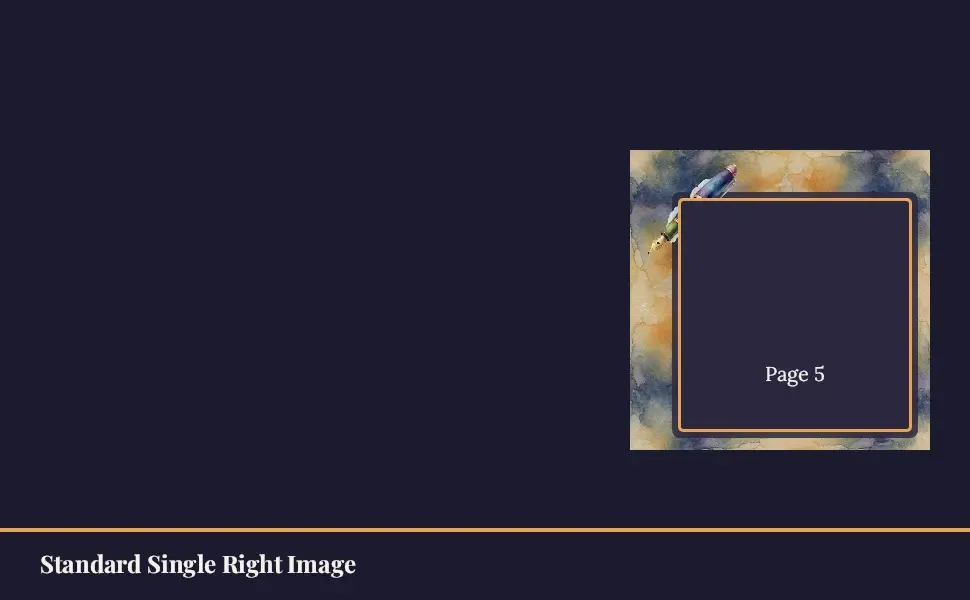 The Standard Single Right Image module in the Watercolor Journal — Spread first · Dusk layout, 1 image slots with labelled placeholders