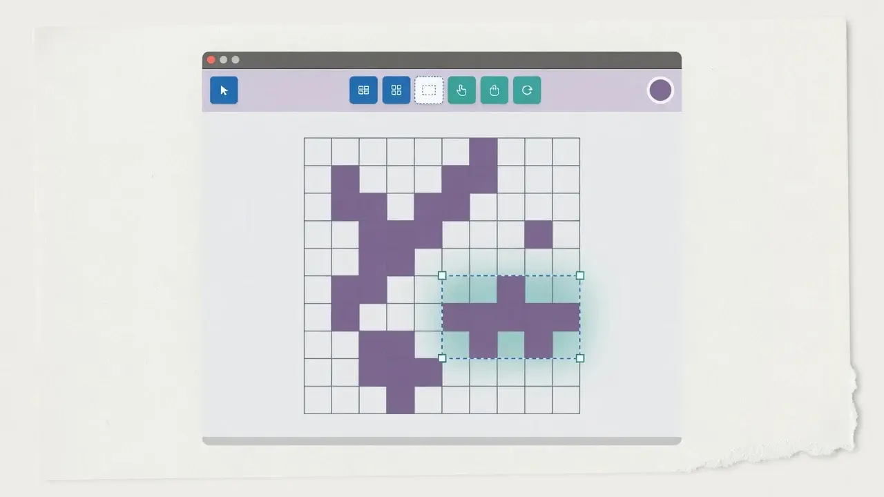 A puzzle grid on the Book Studio canvas with one region selected, shown by a dashed outline and corner resize handles