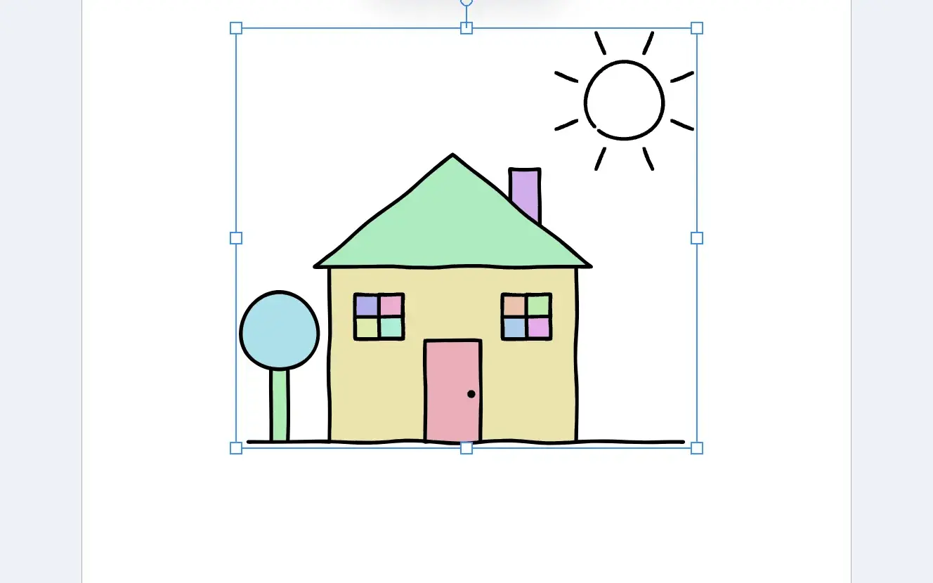 The traced cottage with Fill preview on. At the original line weight the sun is white because its outline is open. With bolder lines the sun is colored like every other closed area.