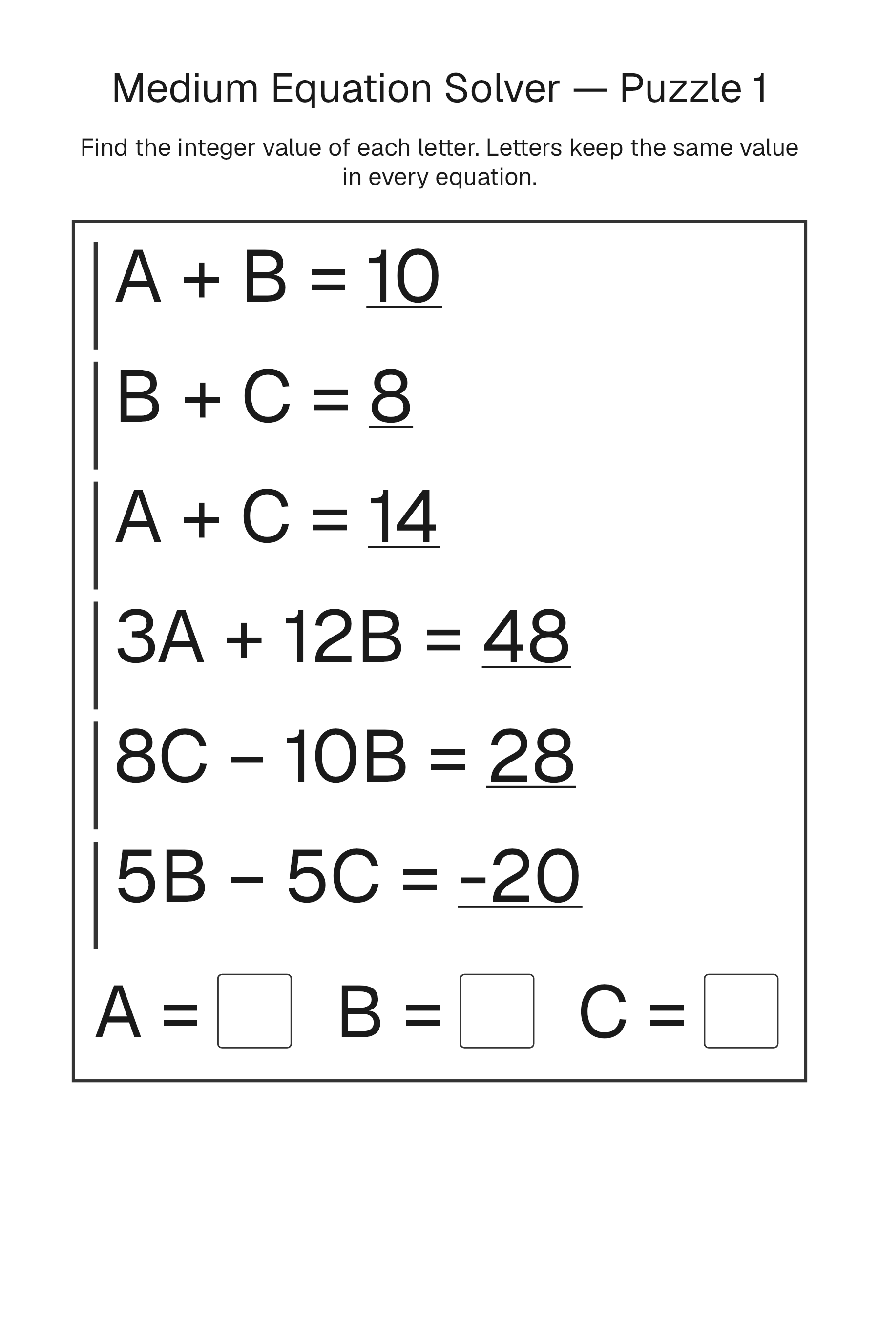 Printable Equation Solver puzzle page