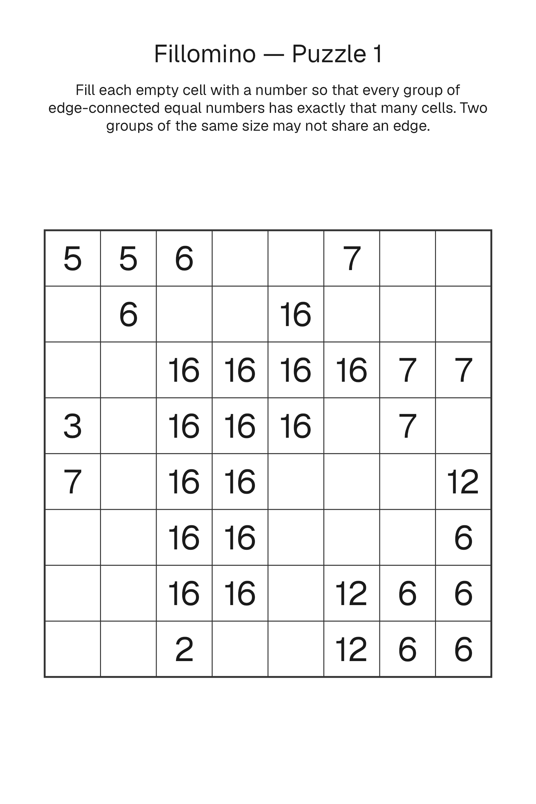 Printable Fillomino puzzle page