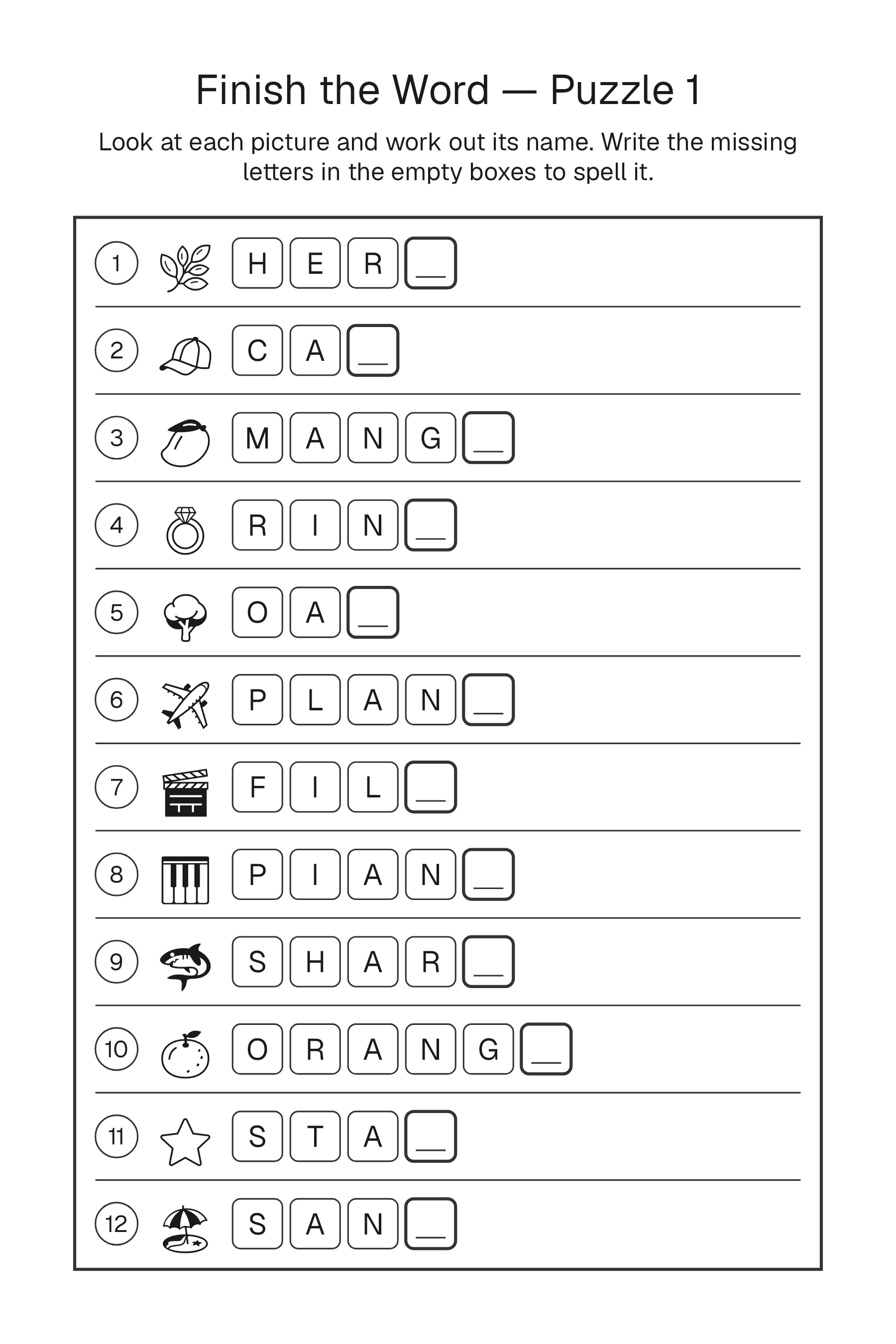 Printable Finish the Word puzzle page