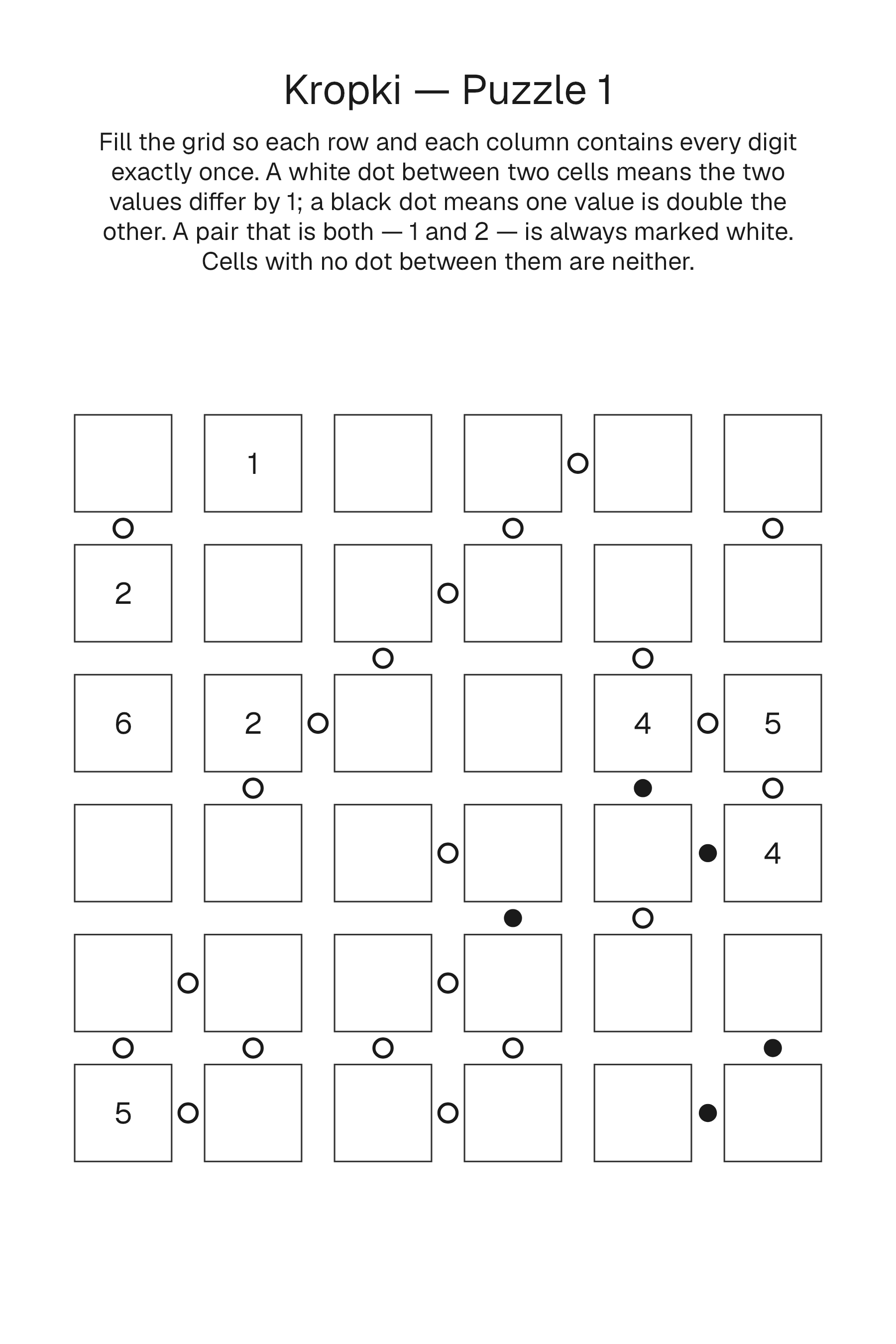 Printable Kropki puzzle page