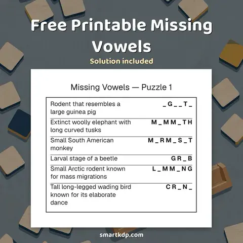 Free printable Missing Vowels preview