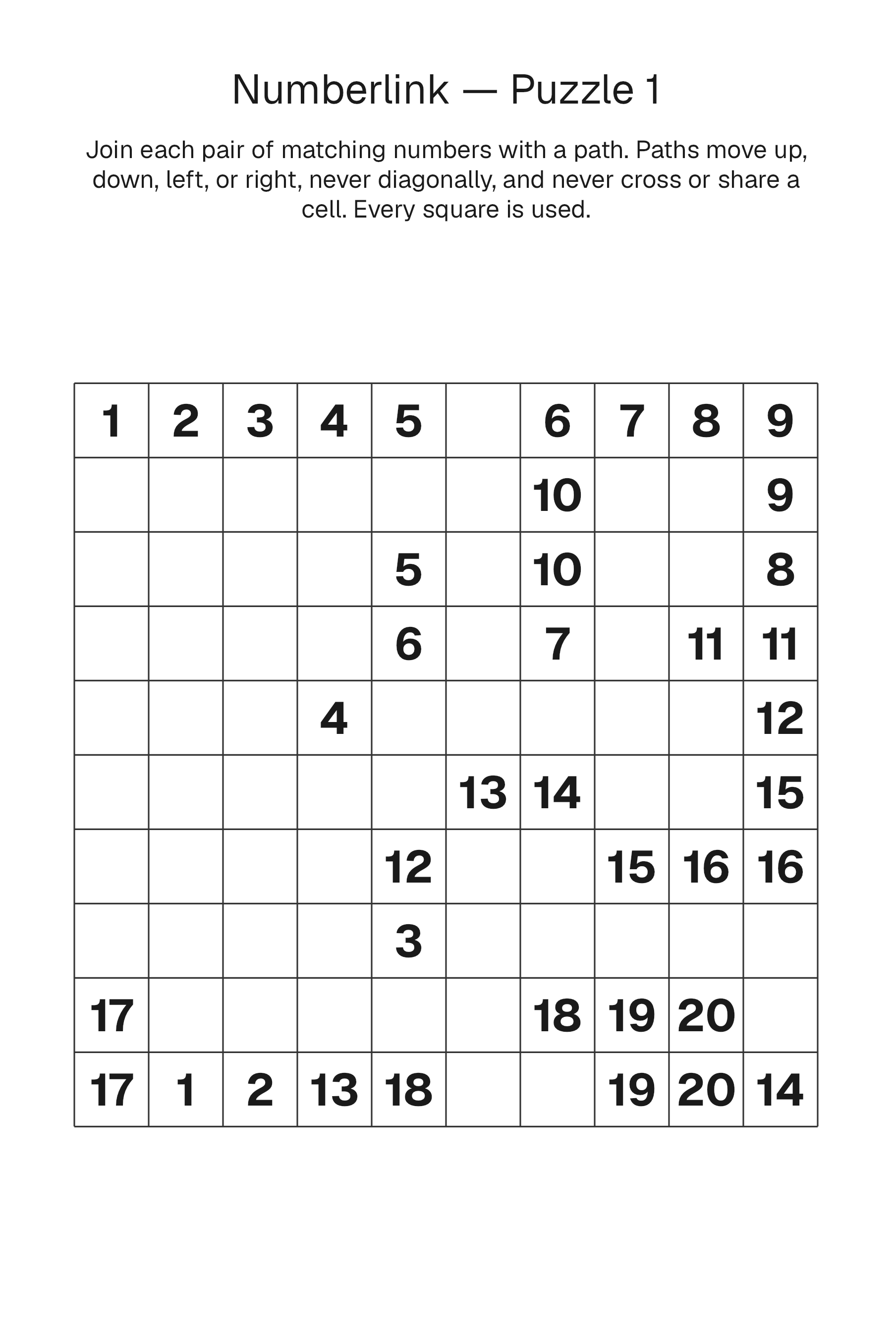 Printable Numberlink puzzle page