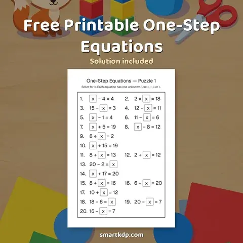 Free printable One-Step Equations preview