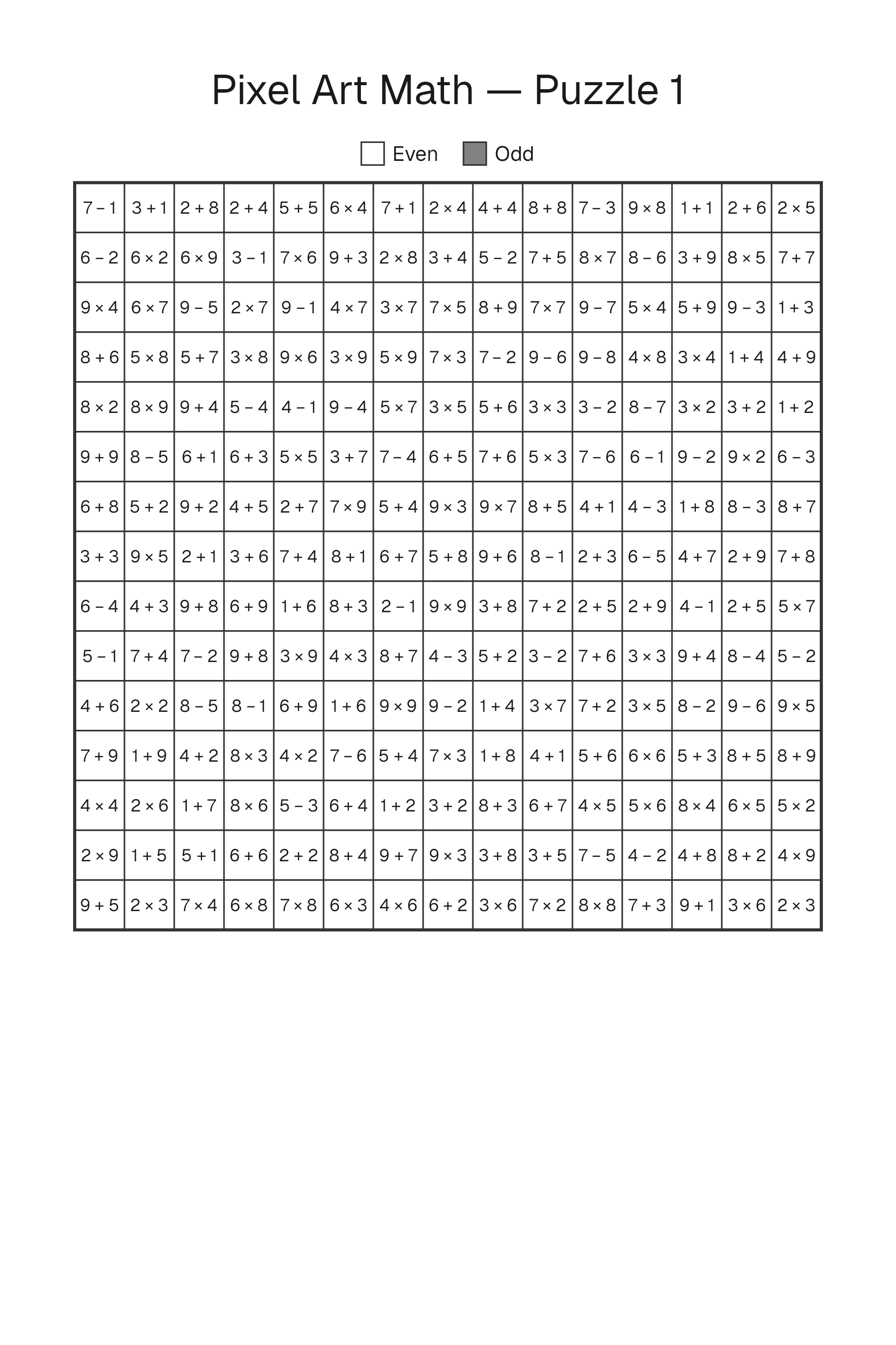 Printable Pixel Art Math puzzle page