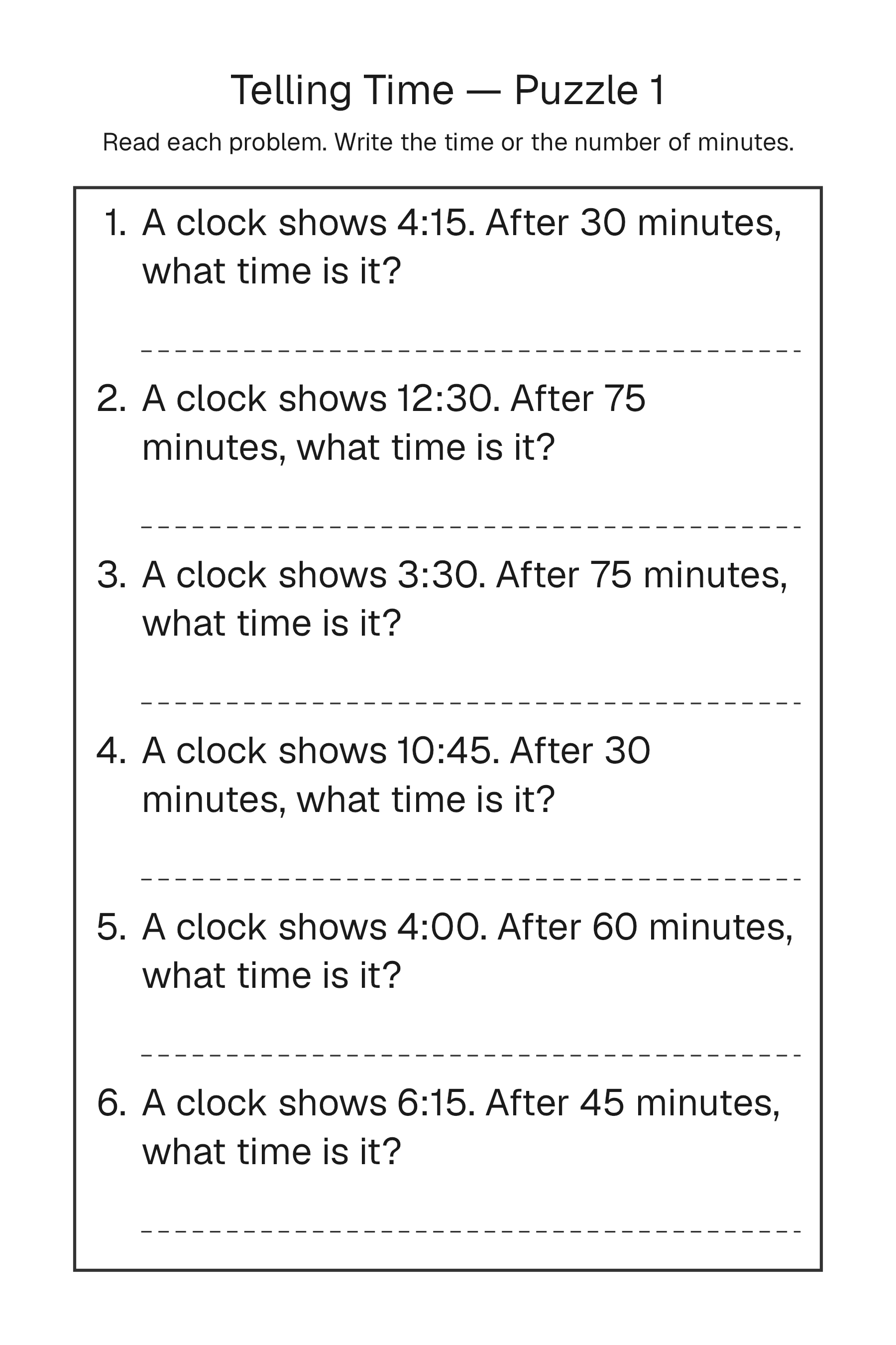Printable Telling Time Problems puzzle page