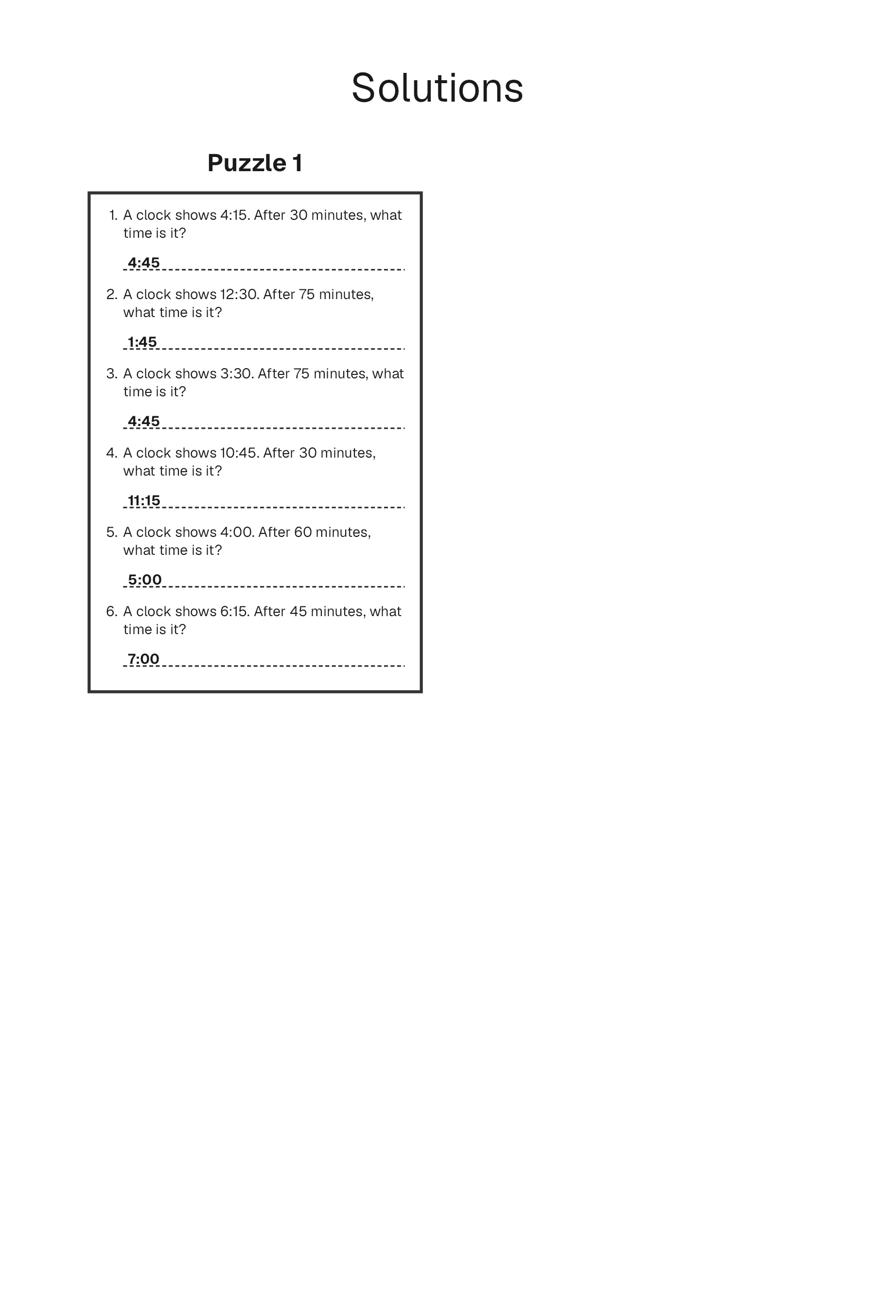 Telling Time Problems solution page