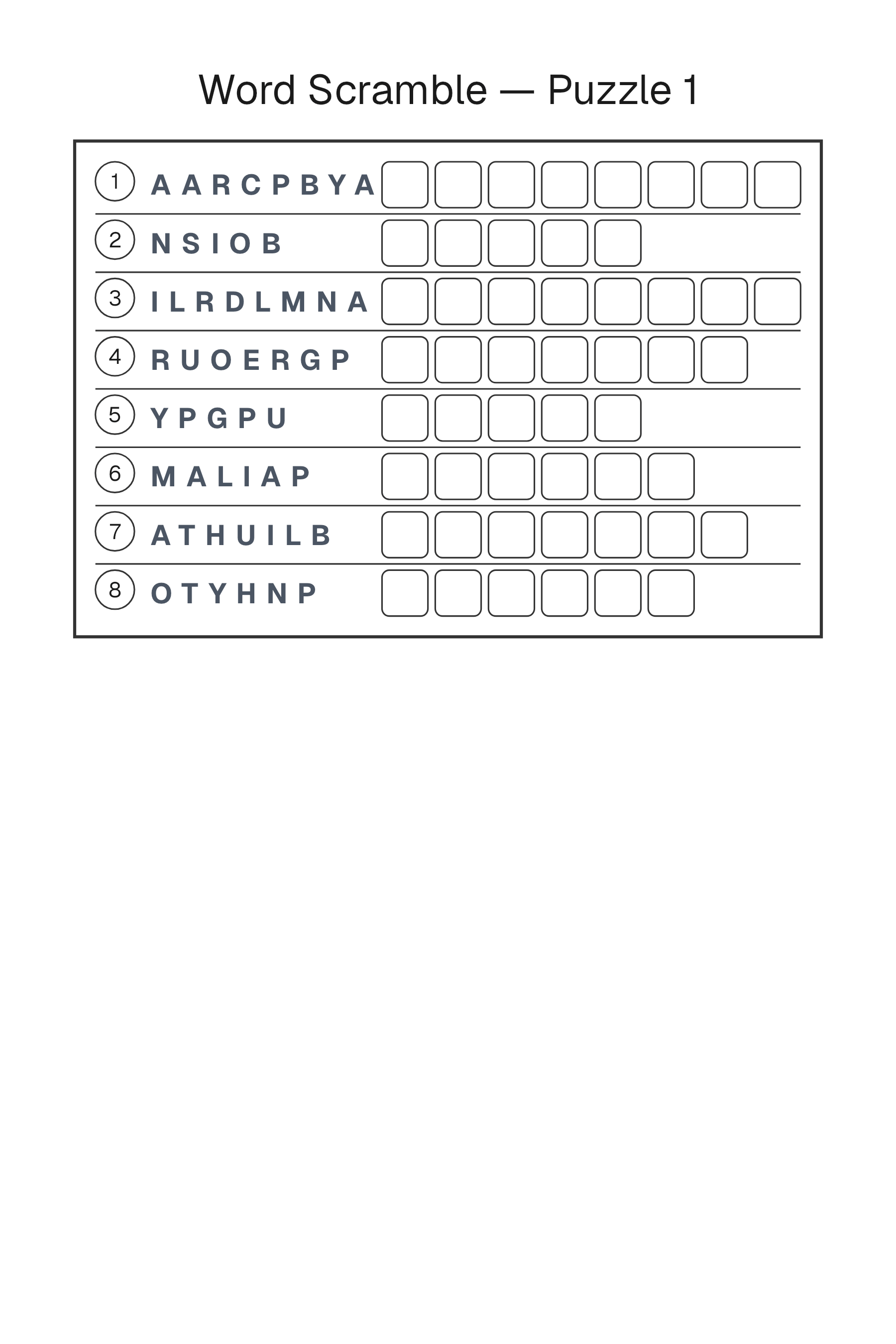 A Word Scramble page laid out by Book Studio