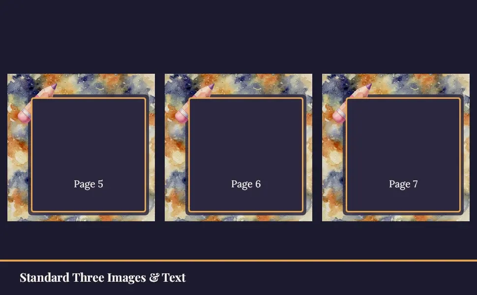 The Standard Three Images & Text module in the Watercolor Coloring book — Page gallery · Dusk layout, 3 image slots with labelled placeholders