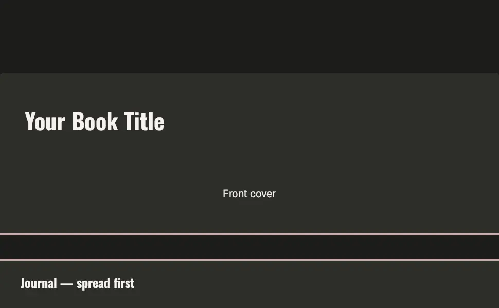 The Standard Image & Dark Text Overlay module in the Journal — spread first layout, 1 image slots with labelled placeholders