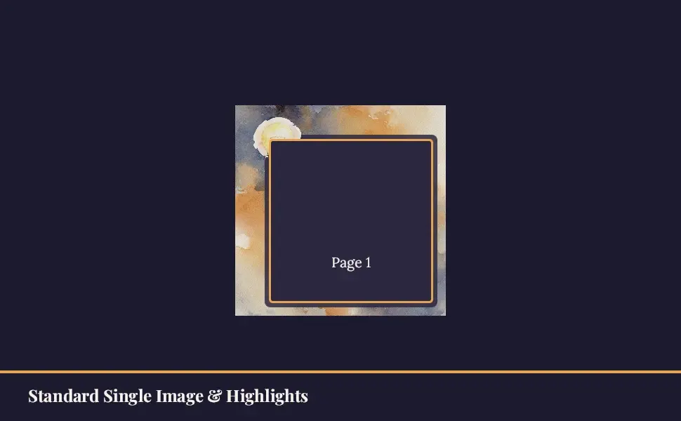 The Standard Single Image & Highlights module in the Watercolor Guide — What you'll learn · Dusk layout, 1 image slots with labelled placeholders