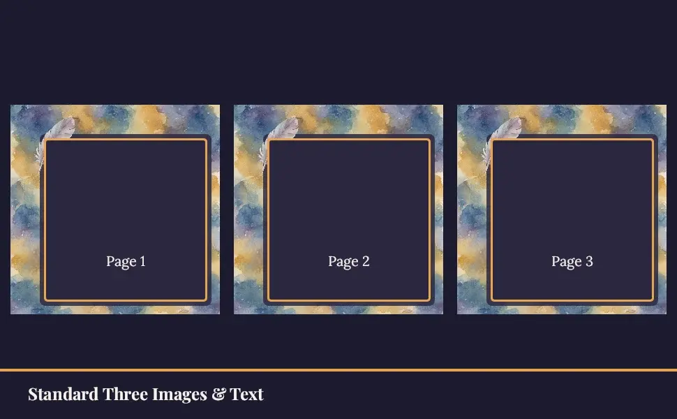 The Standard Three Images & Text module in the Watercolor Novel — Trade look · Dusk layout, 3 image slots with labelled placeholders