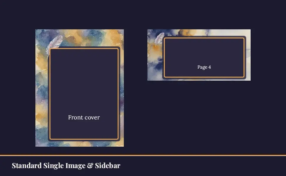 The Standard Single Image & Sidebar module in the Watercolor Novel — Trade look · Dusk layout, 2 image slots with labelled placeholders