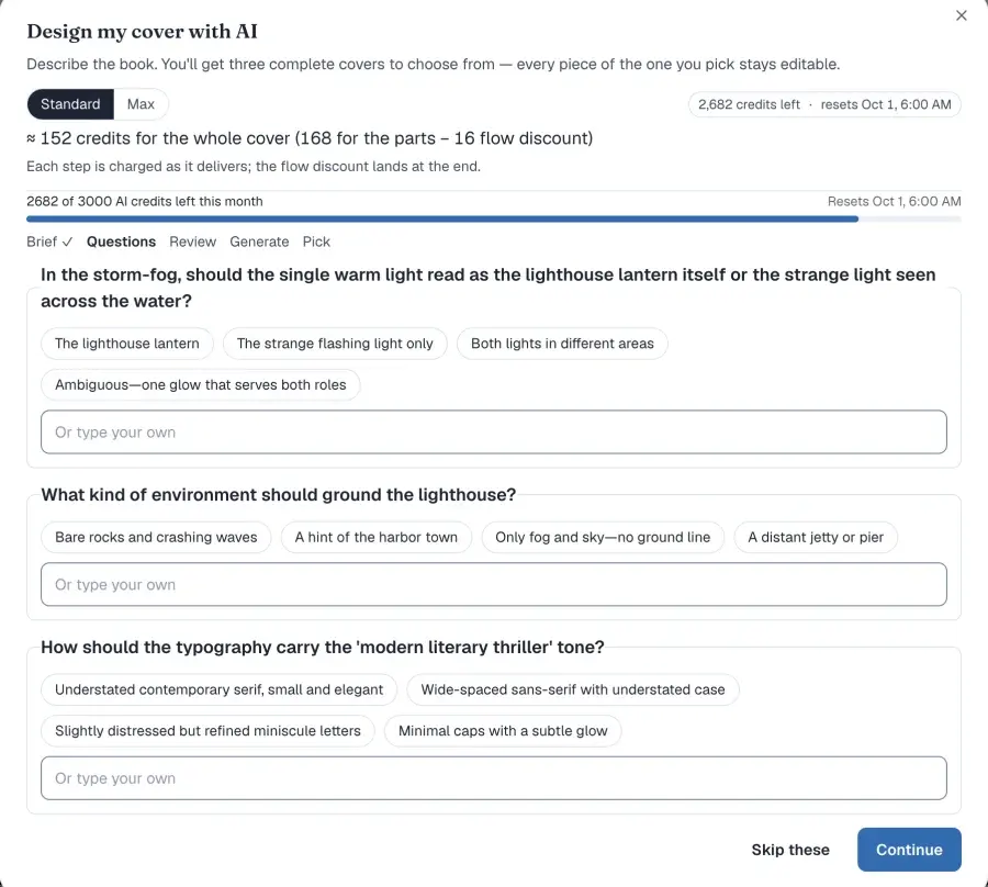 The Cover Copilot wizard on its Questions step