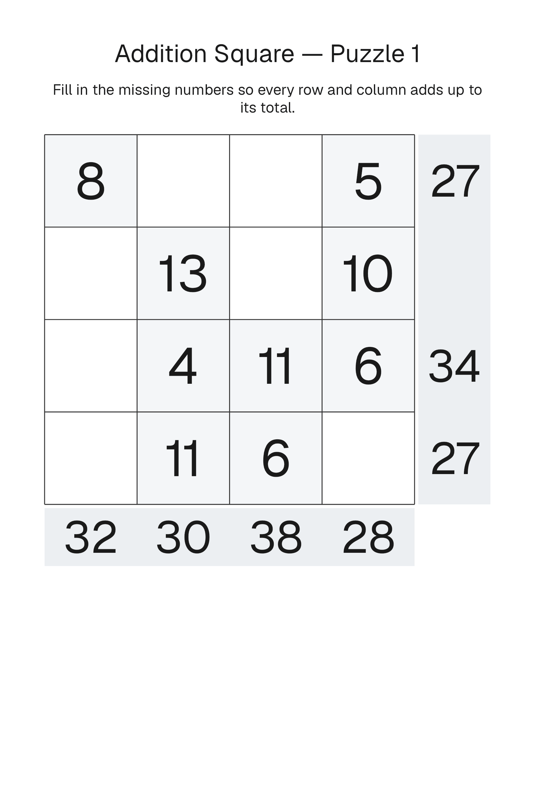Printable Addition Square puzzle page