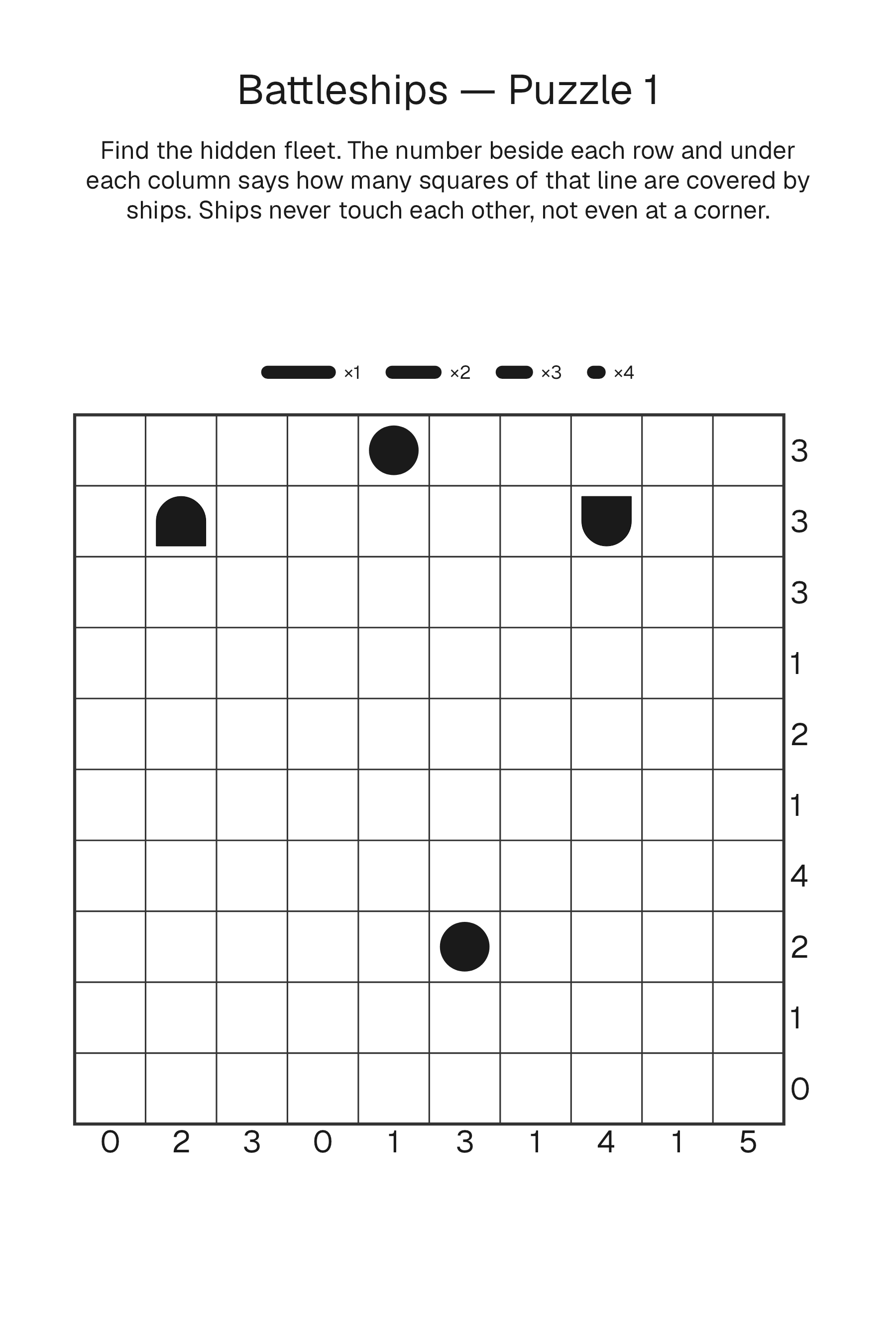 Printable Battleships puzzle page