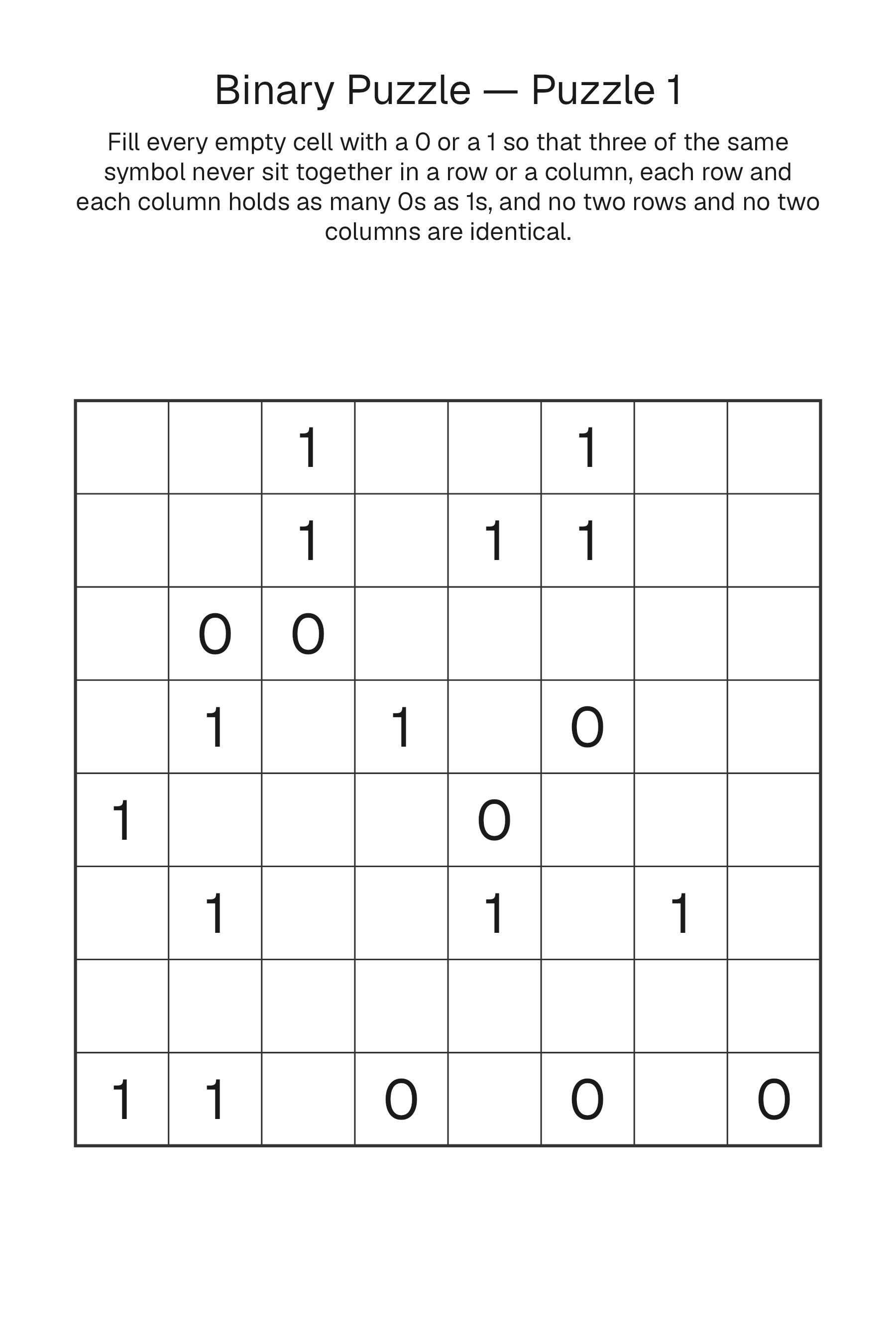 Printable Binary Puzzle puzzle page