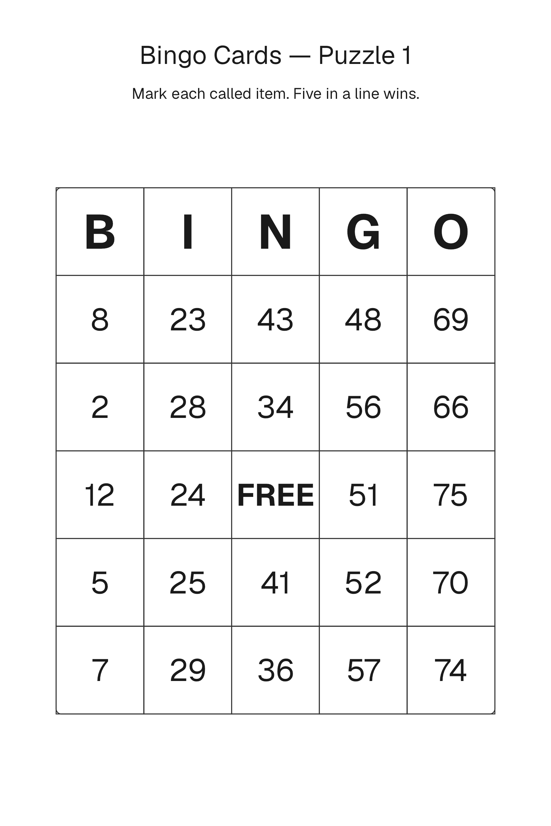 Printable Bingo Cards puzzle page