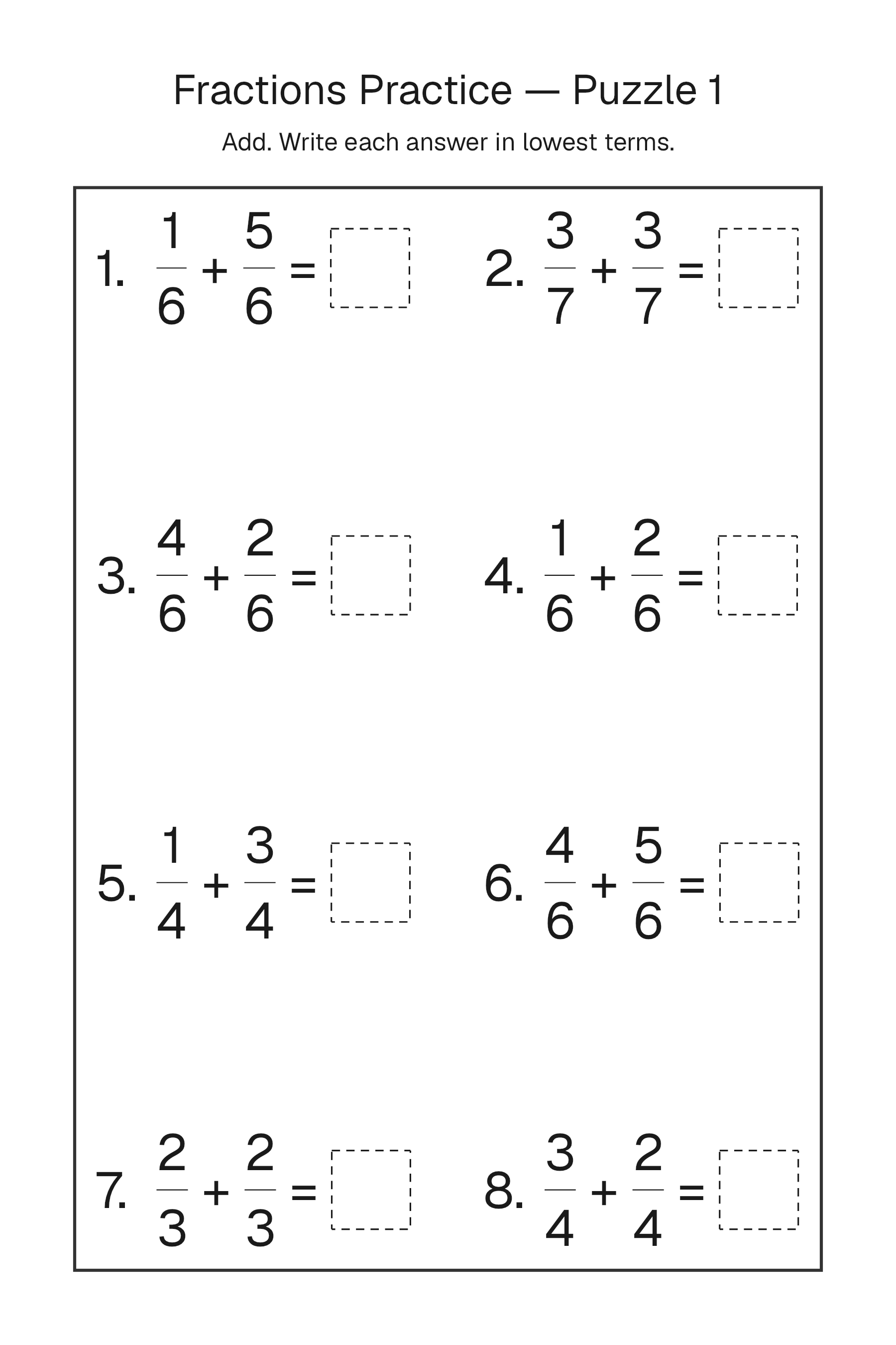 Printable Fractions Practice puzzle page