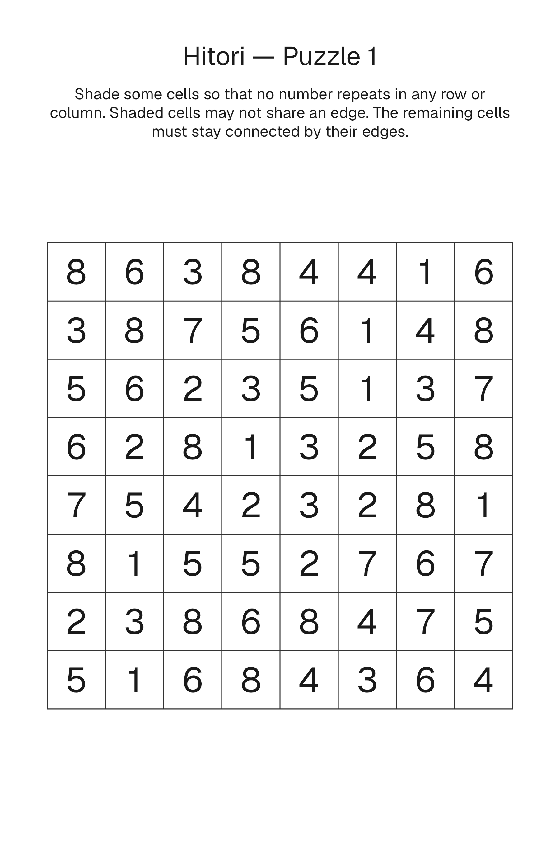 Printable Hitori puzzle page