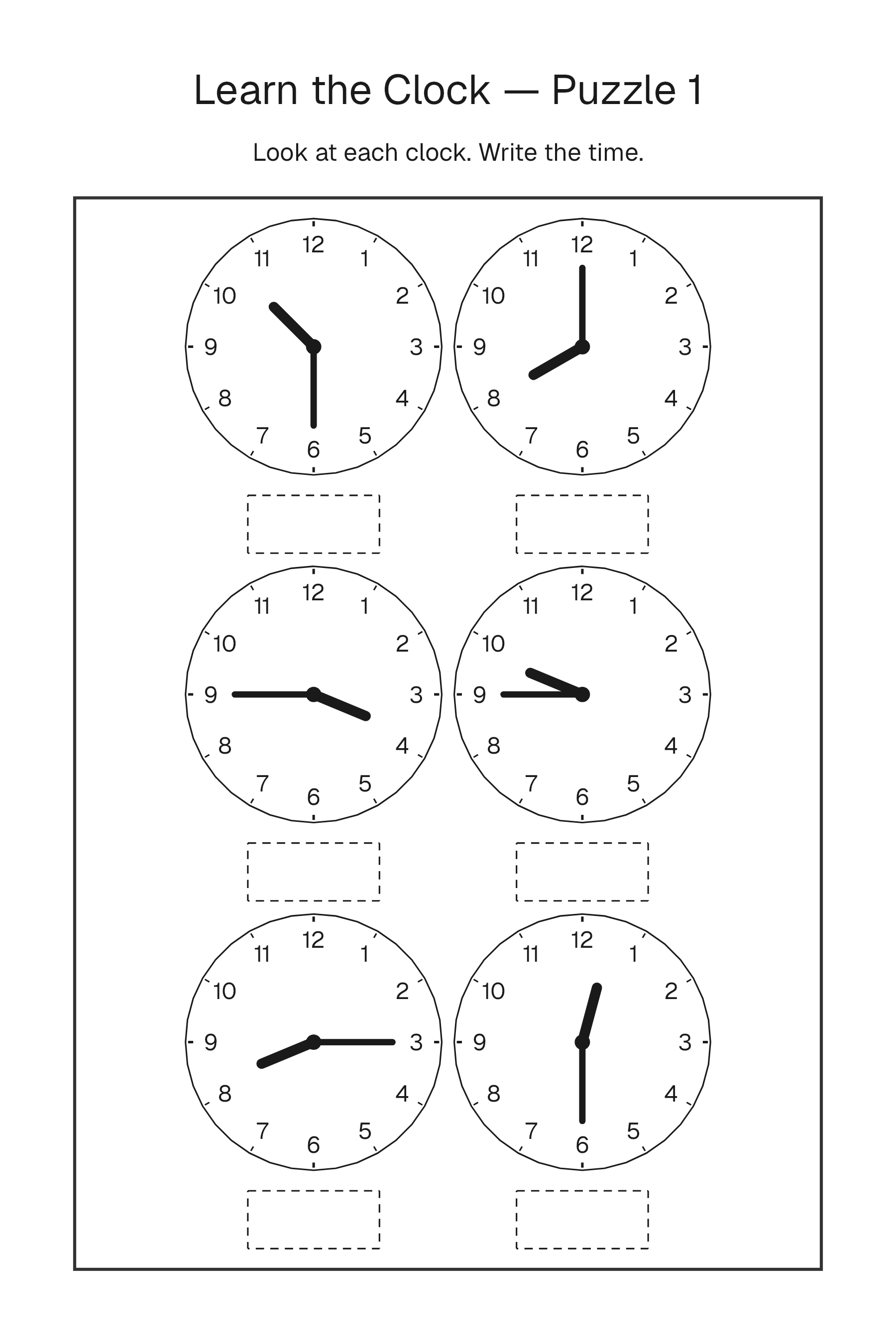 Printable Learn the Clock puzzle page