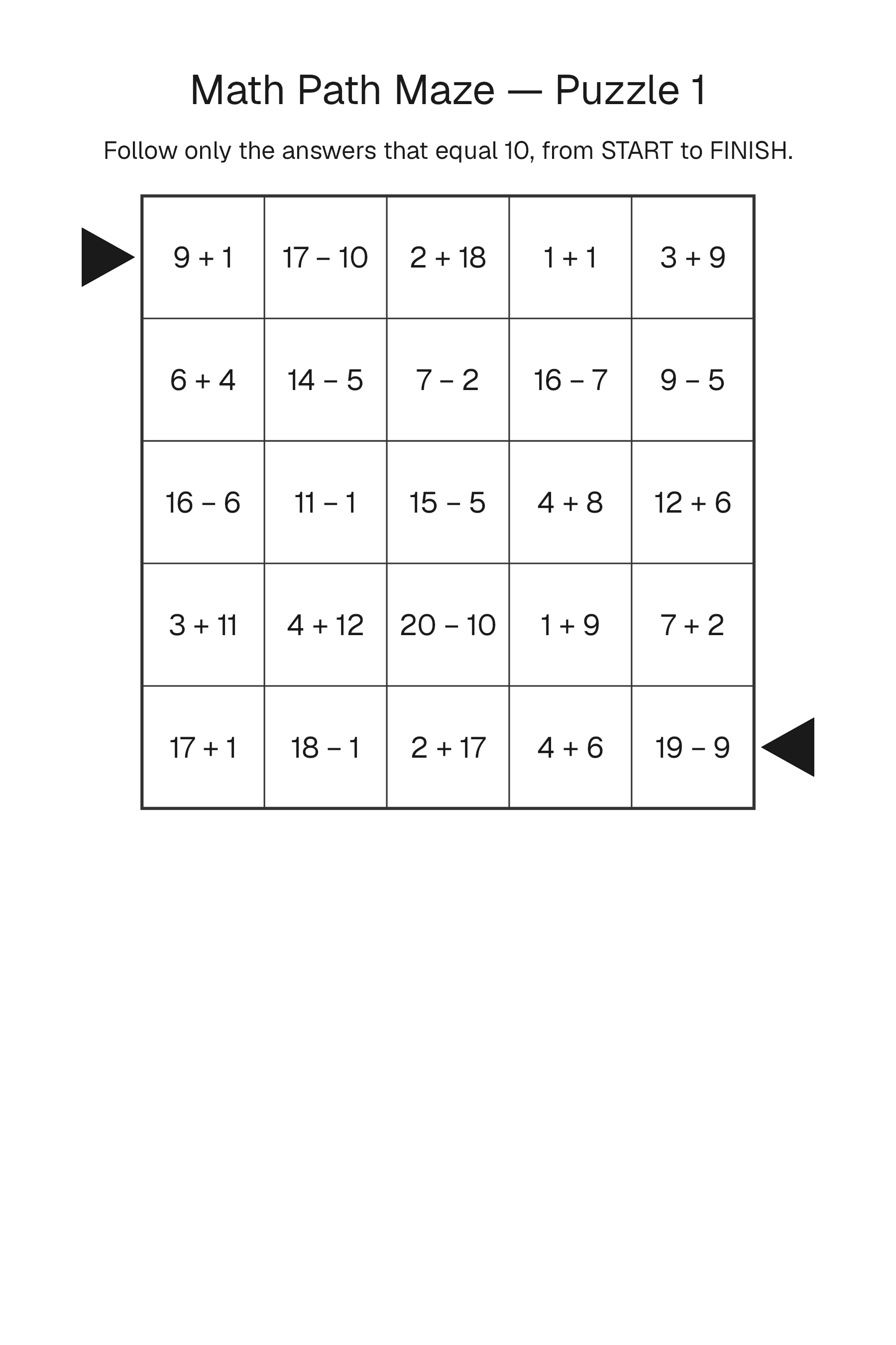 Printable Math Path Maze puzzle page