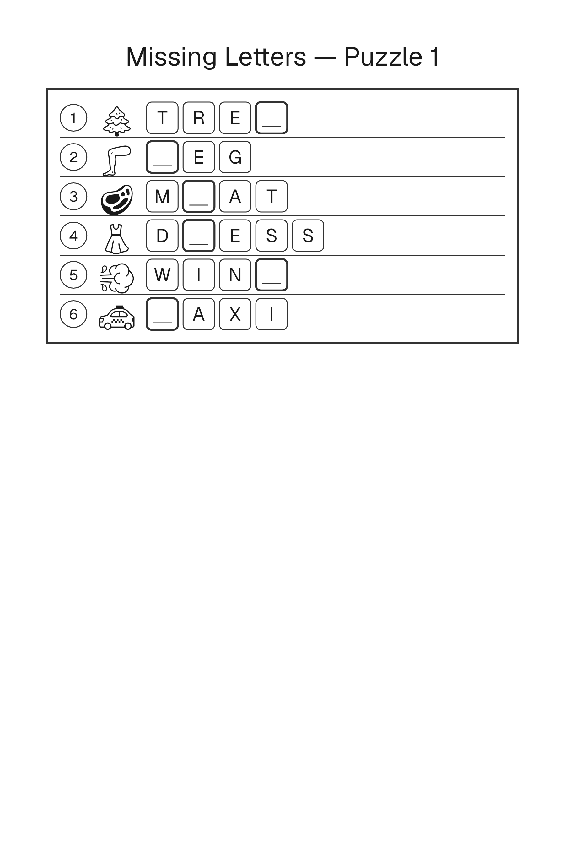 Printable Missing Letters puzzle page