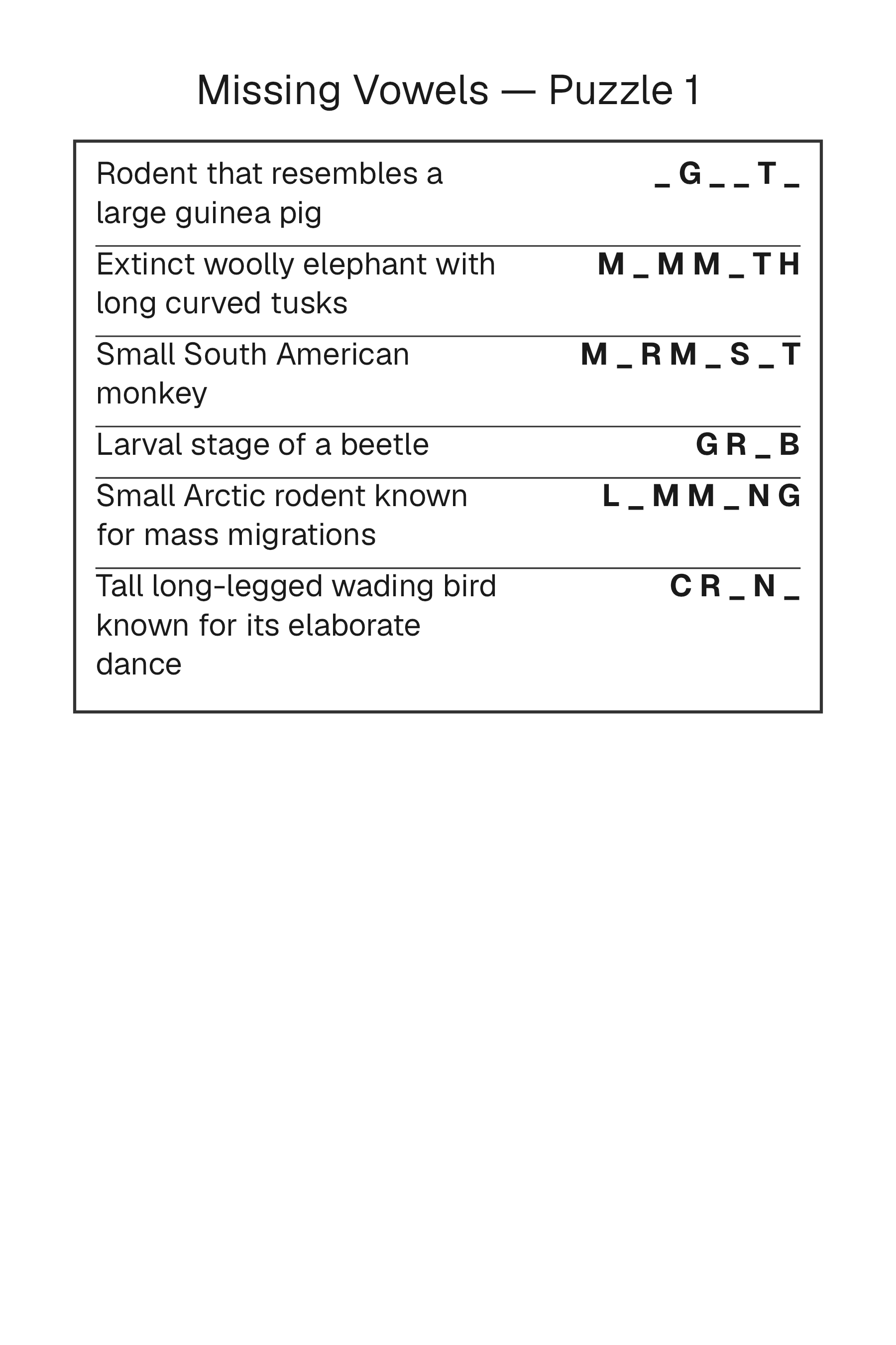 Printable Missing Vowels puzzle page