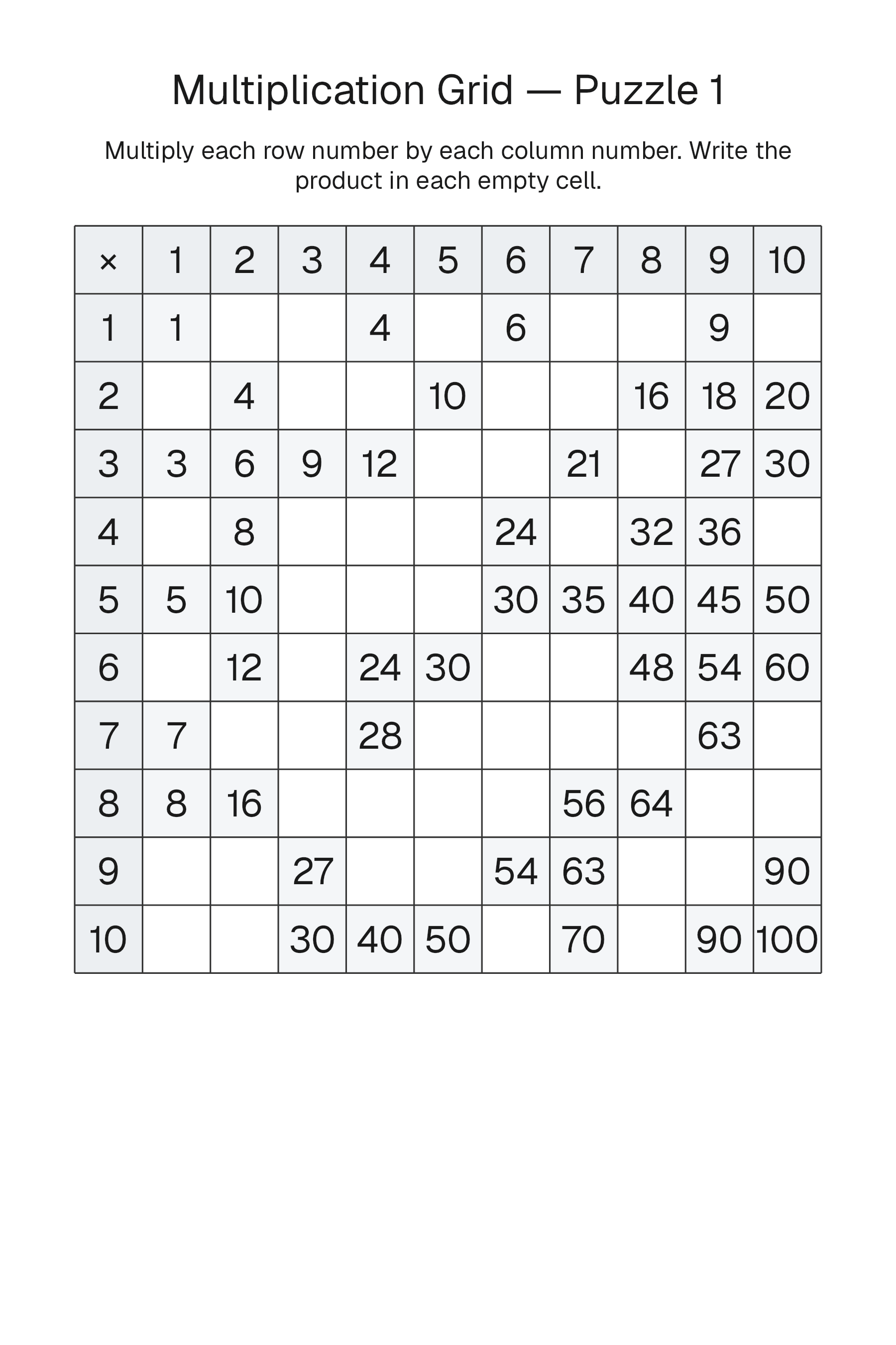 Printable Multiplication Grid puzzle page