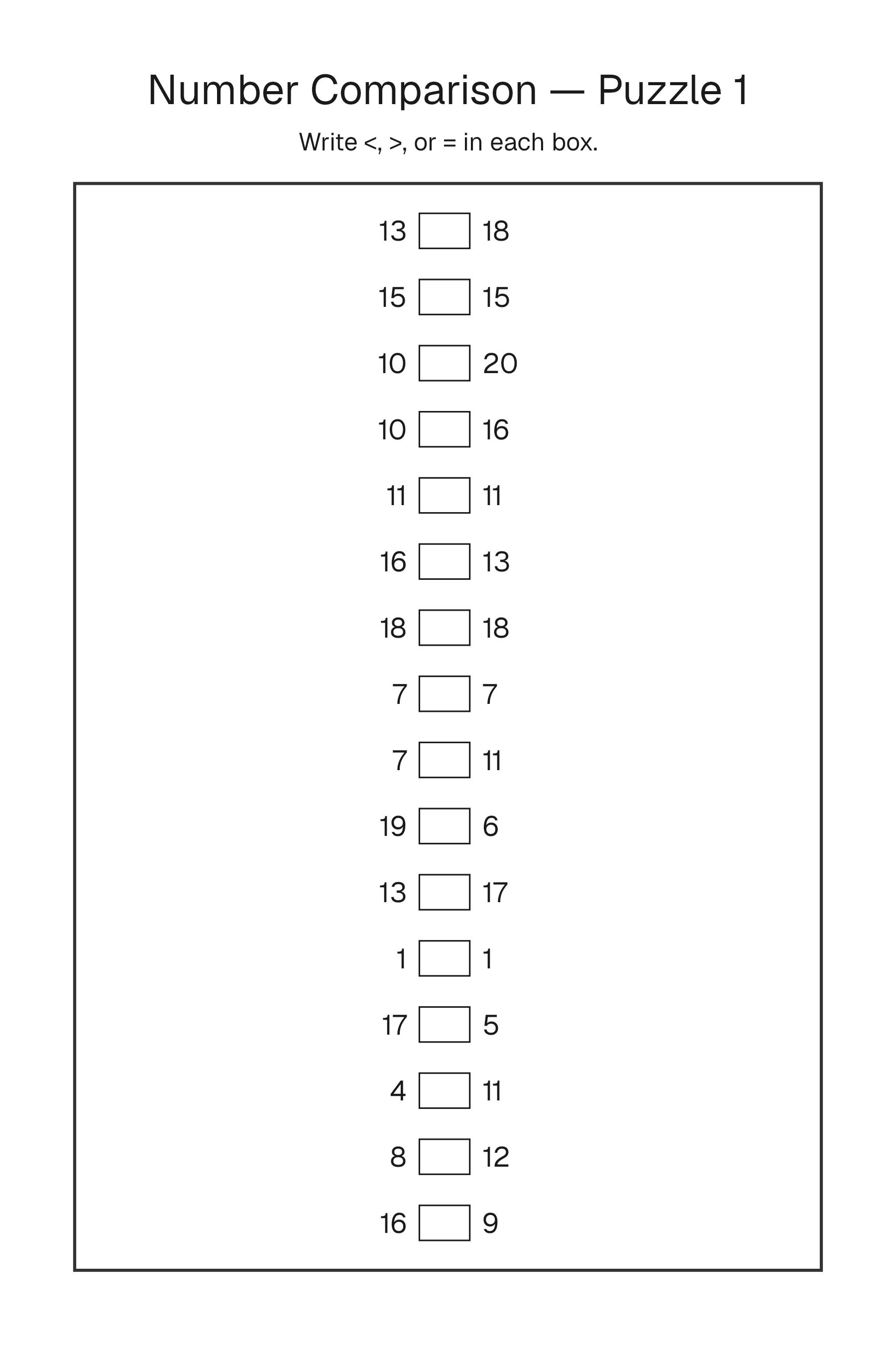 Printable Number Comparison puzzle page