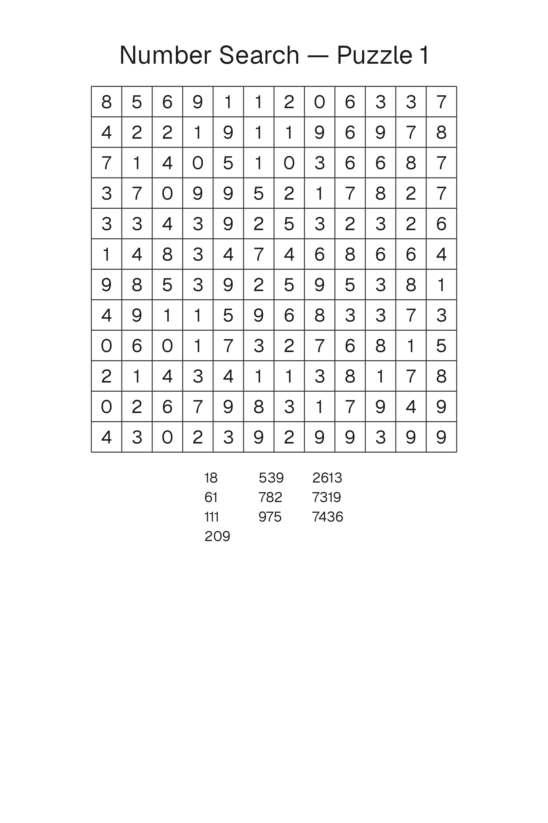 Printable Number Search puzzle page