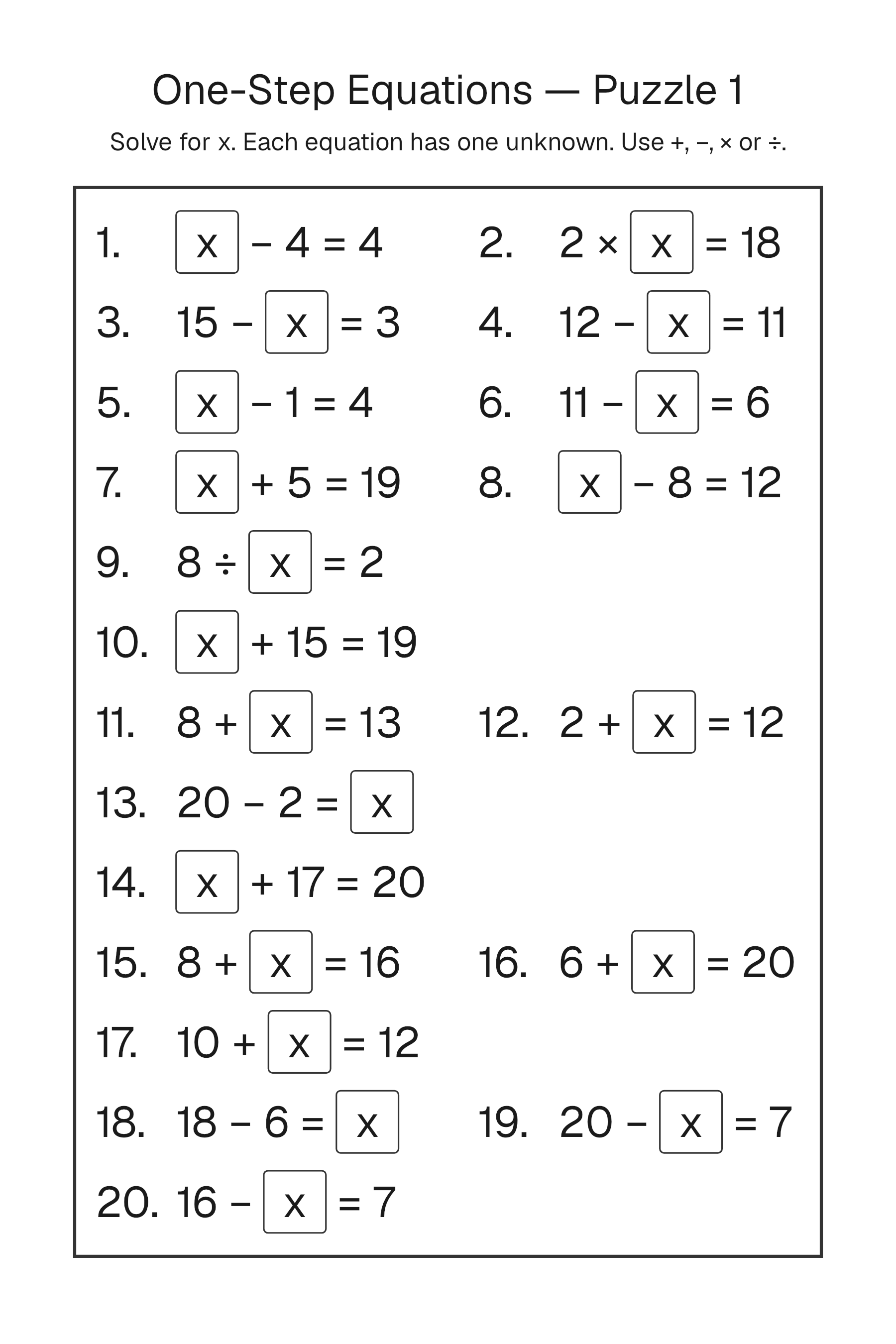 Printable One-Step Equations puzzle page