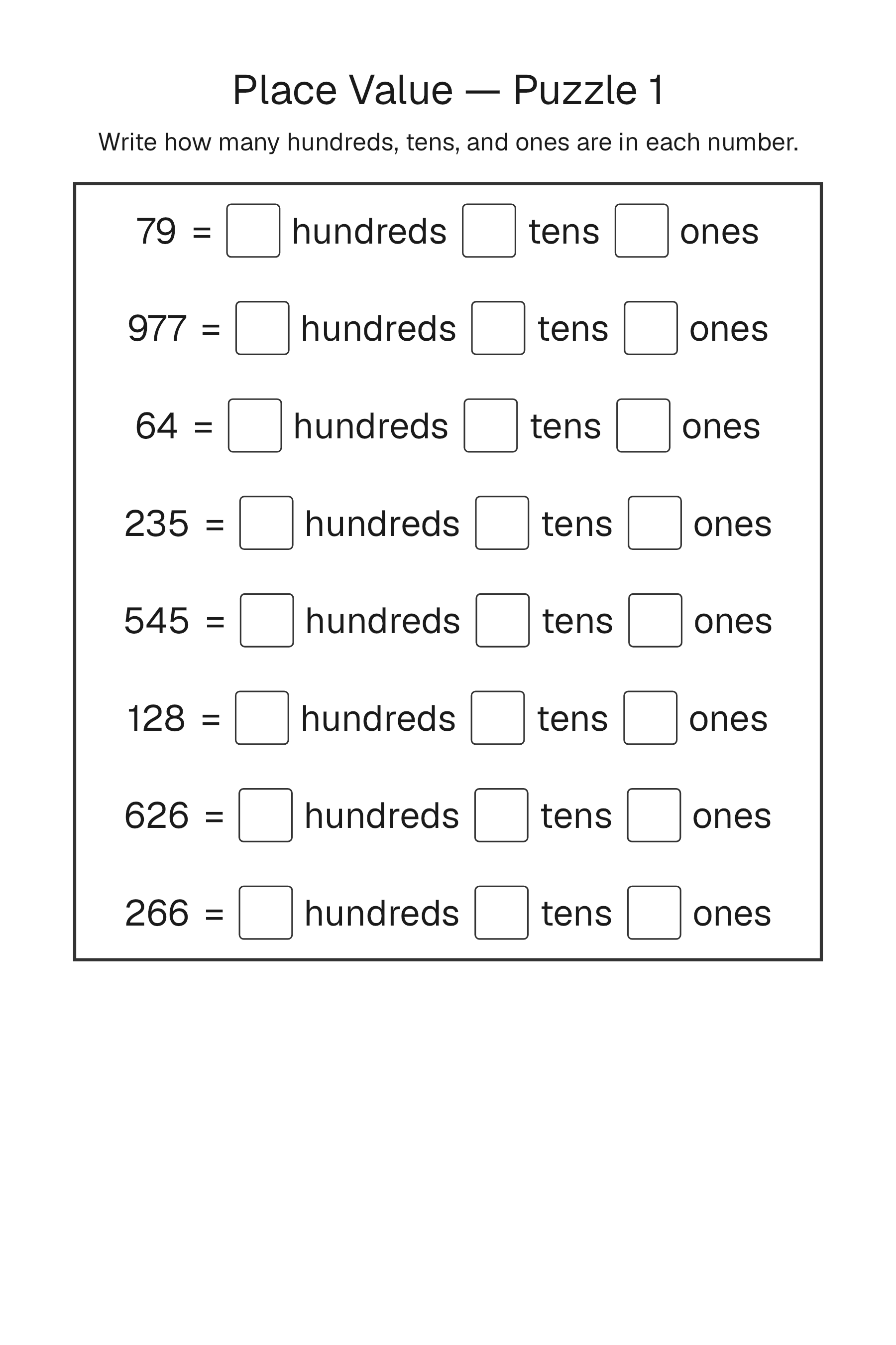 Printable Place Value Practice puzzle page