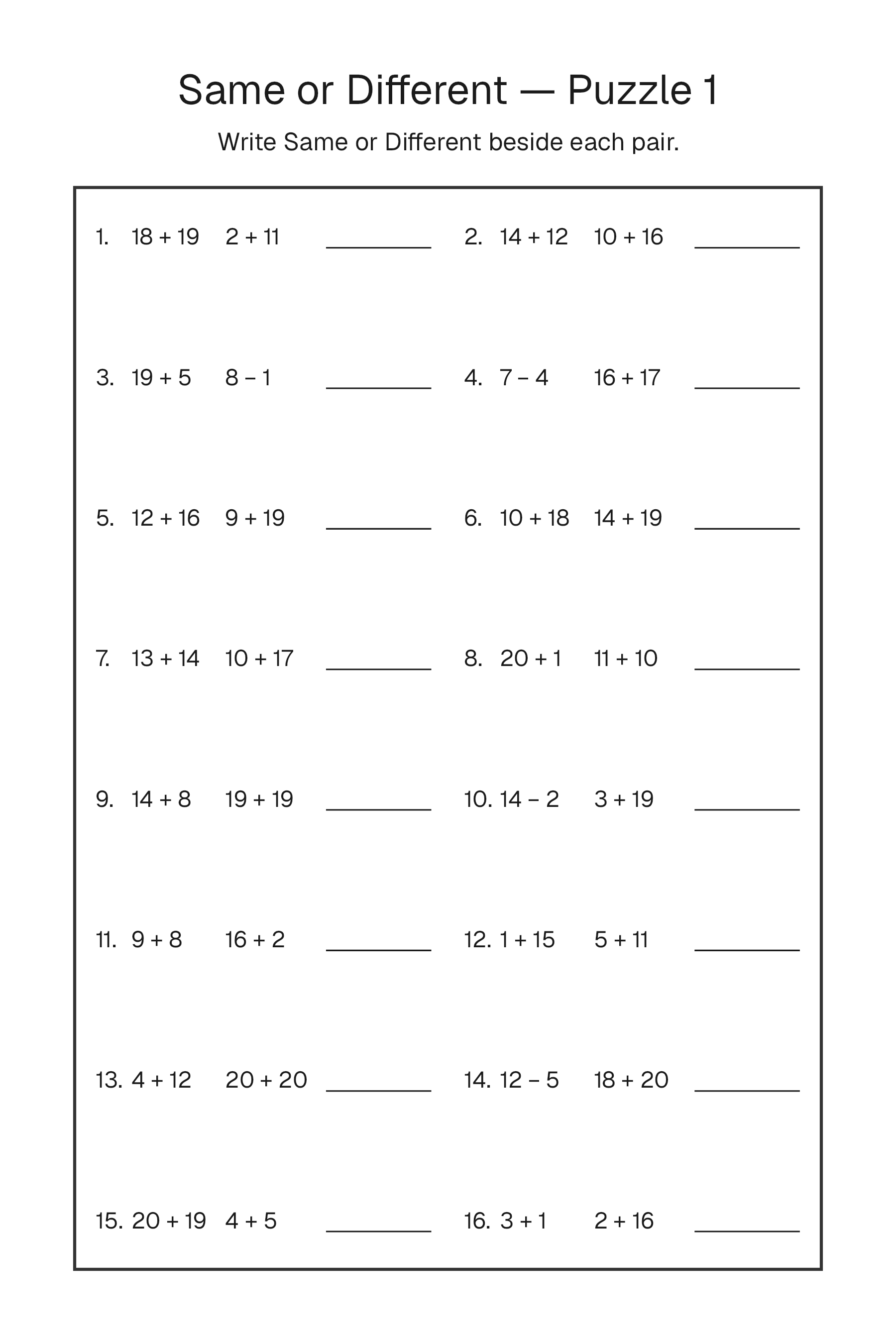 Printable Same or Different puzzle page