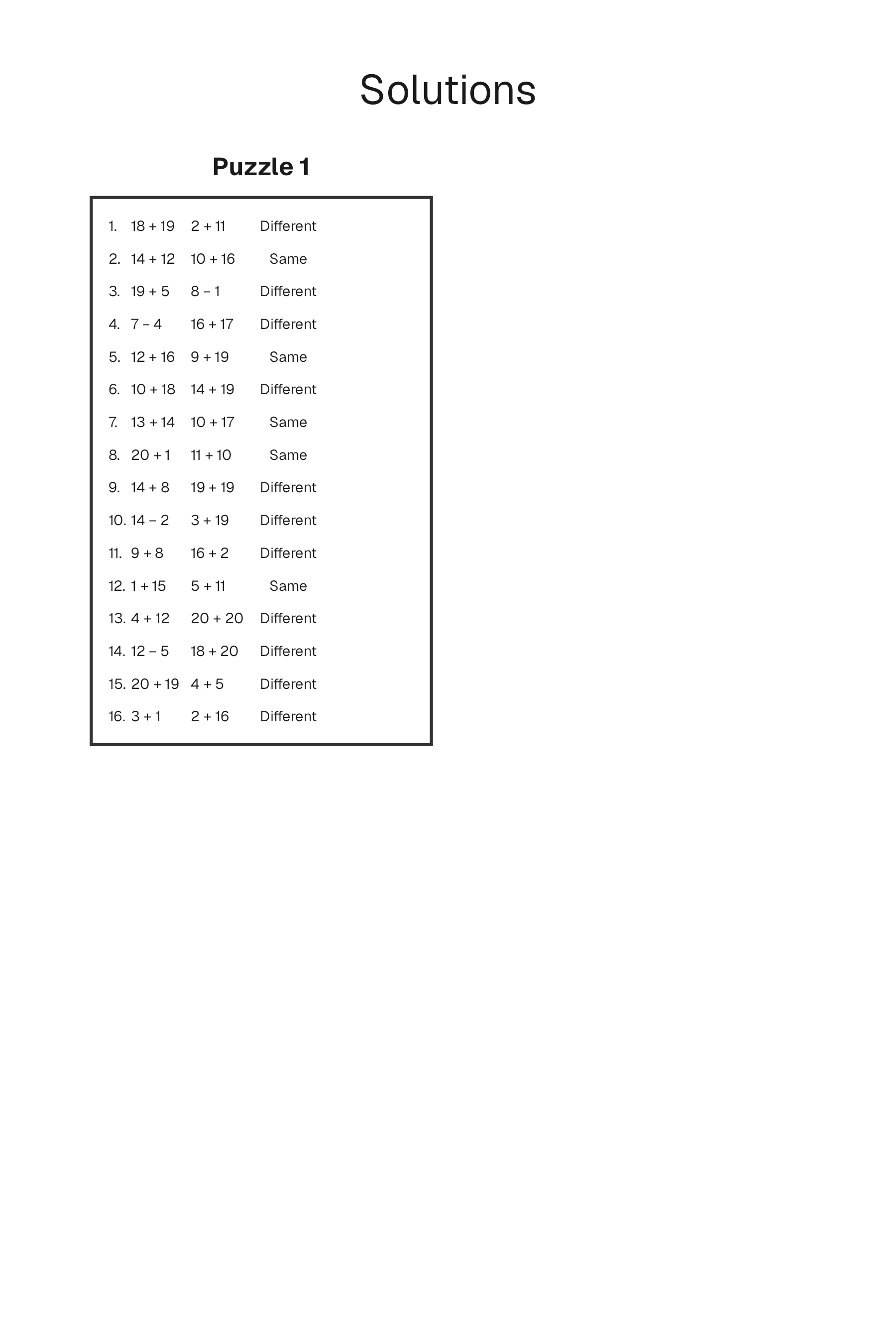 Same or Different solution page