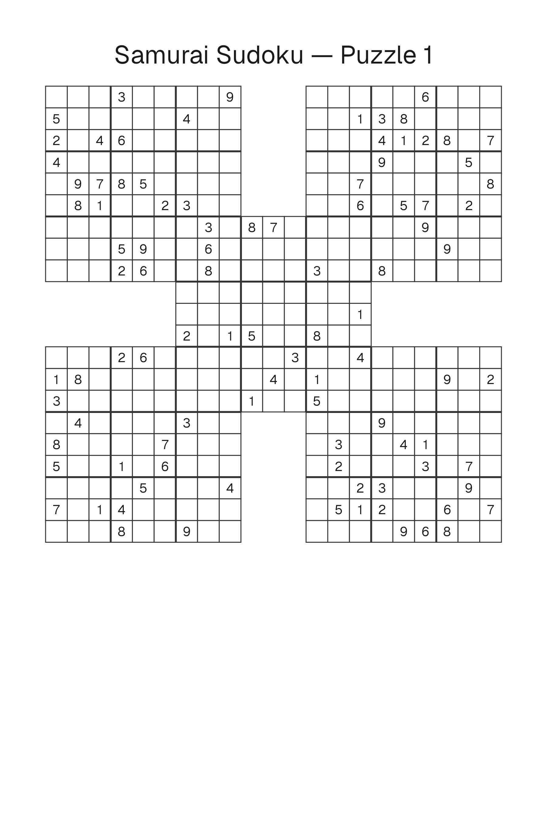 Printable Samurai Sudoku puzzle page