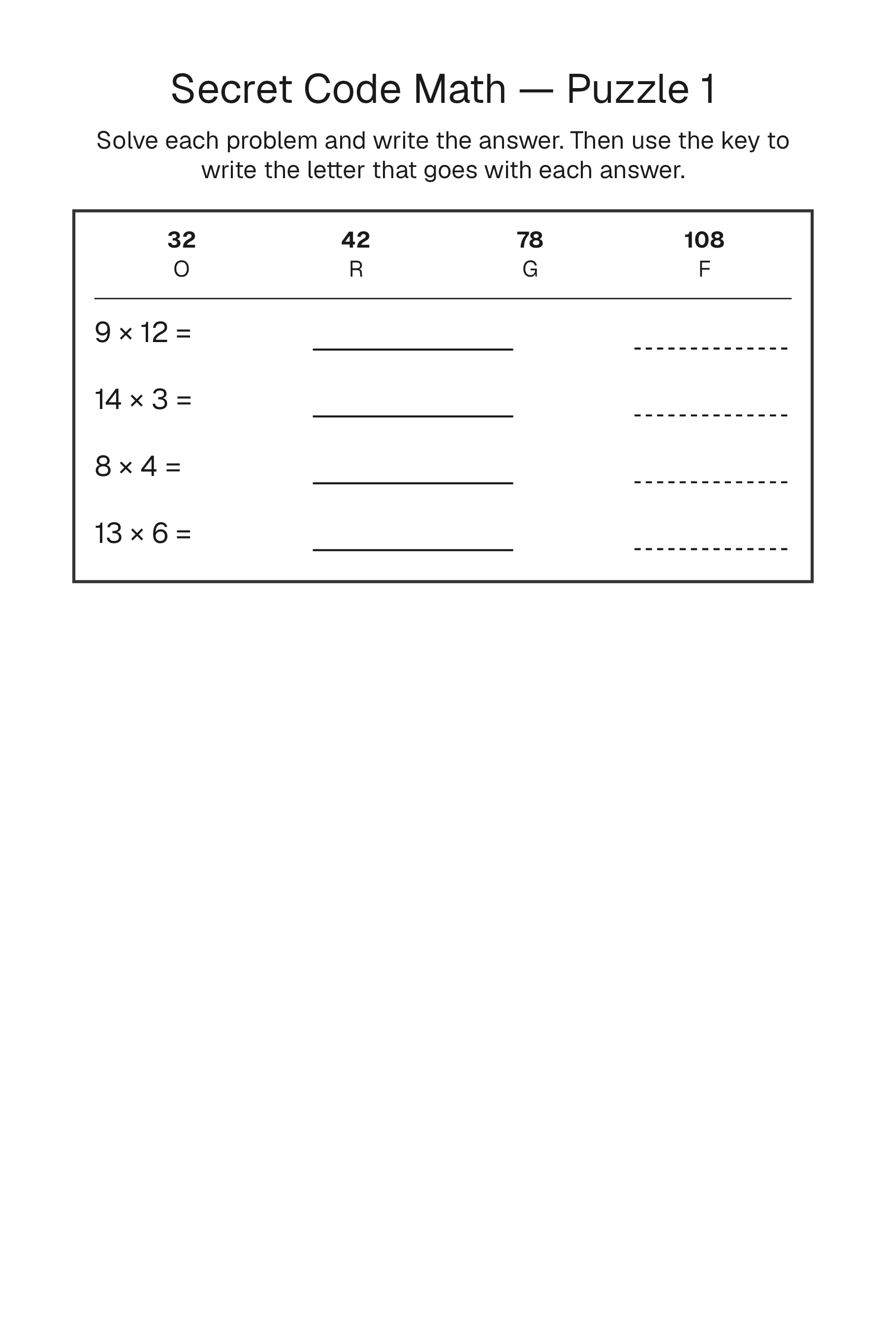 Printable Secret Code Math puzzle page