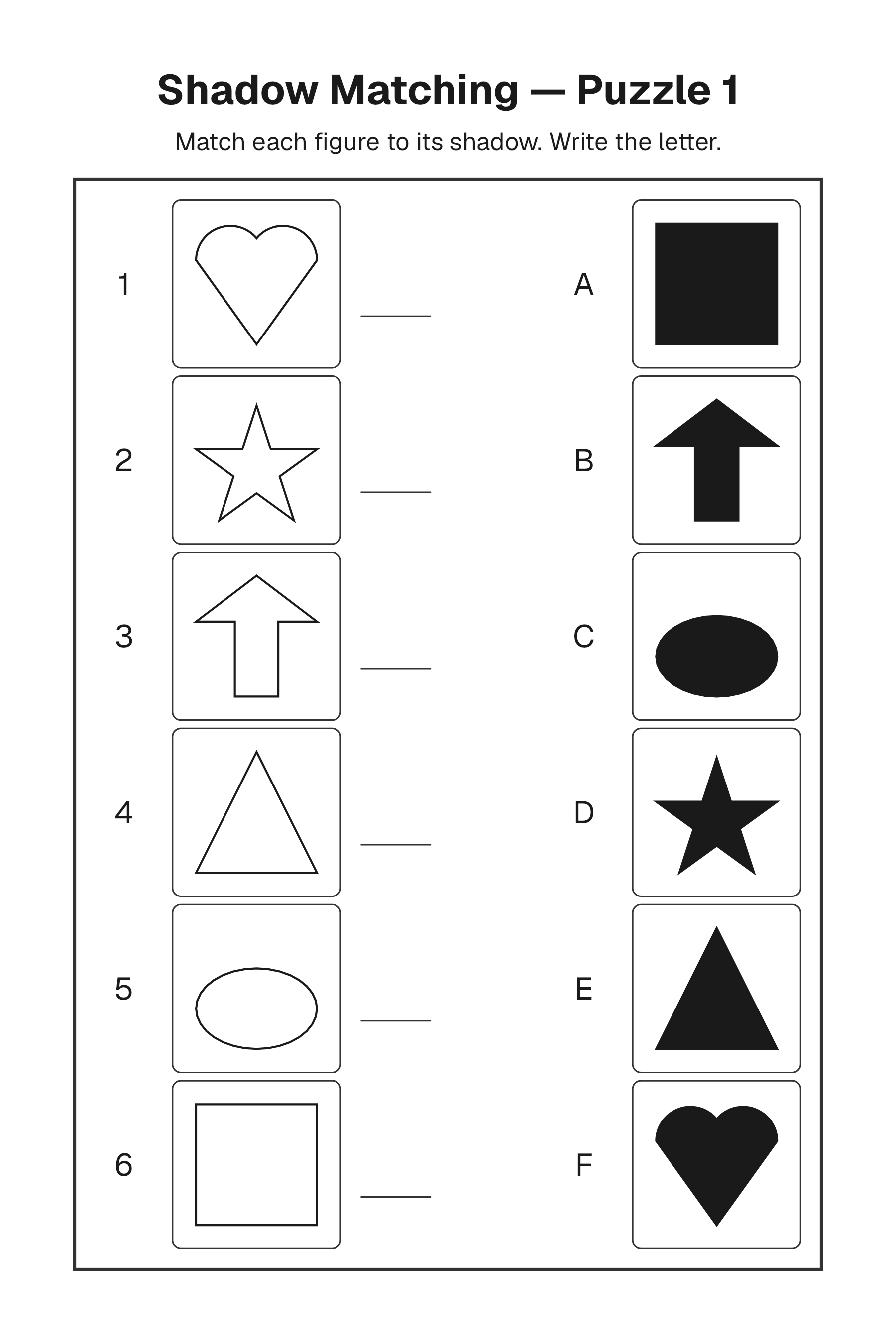 Printable Shadow Matching puzzle page