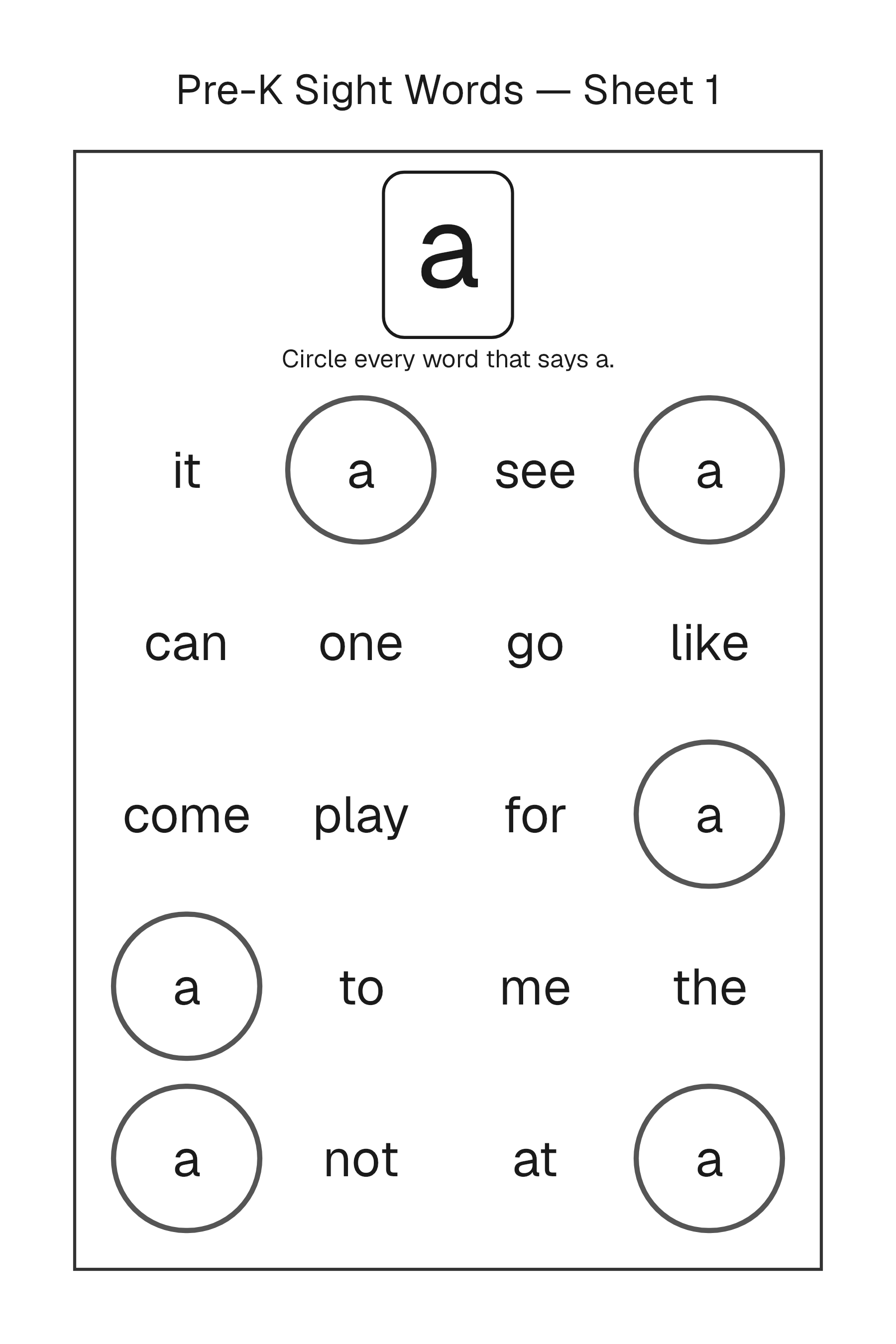Sight Word Find solution page