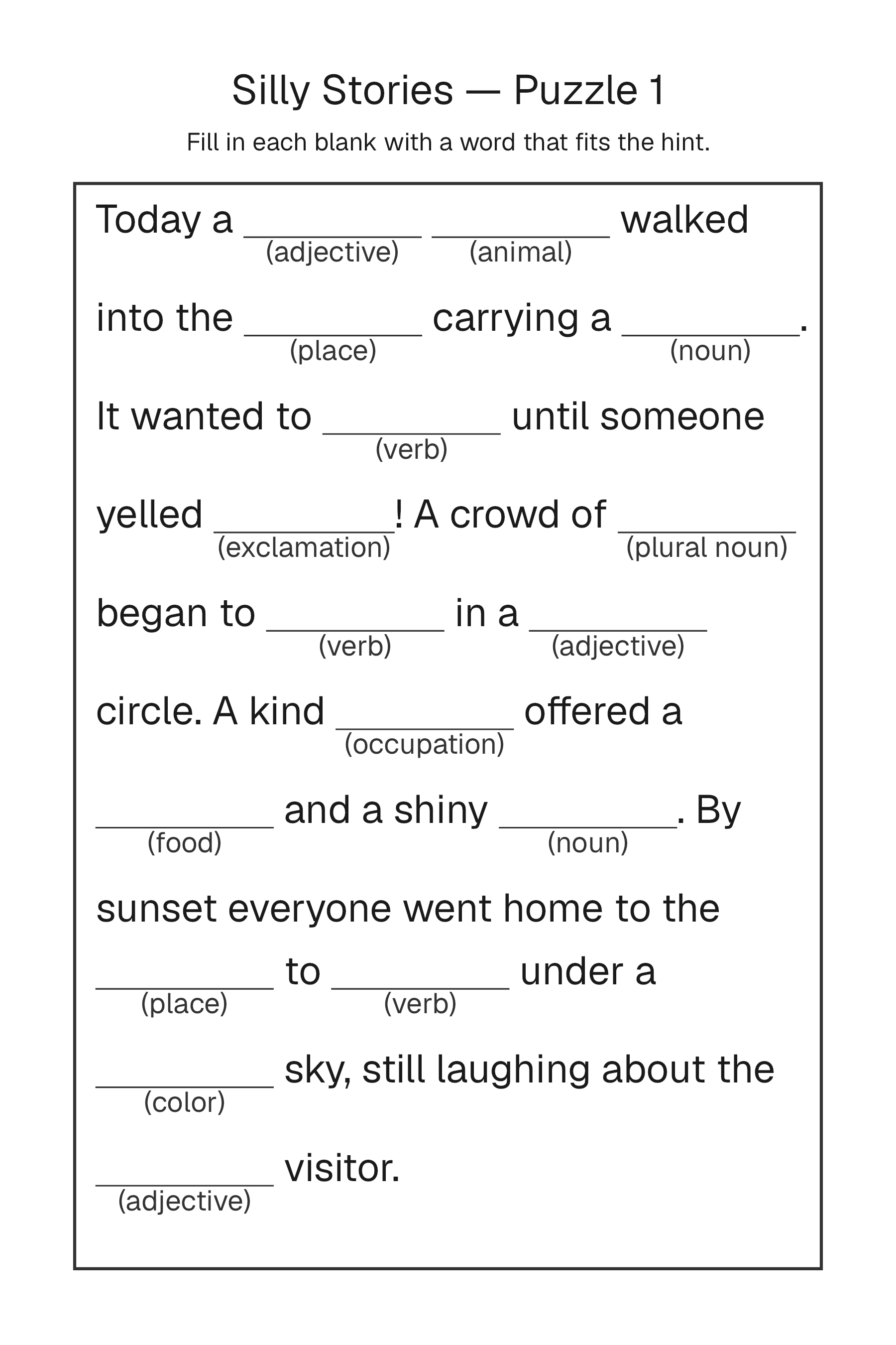 Printable Silly Stories puzzle page
