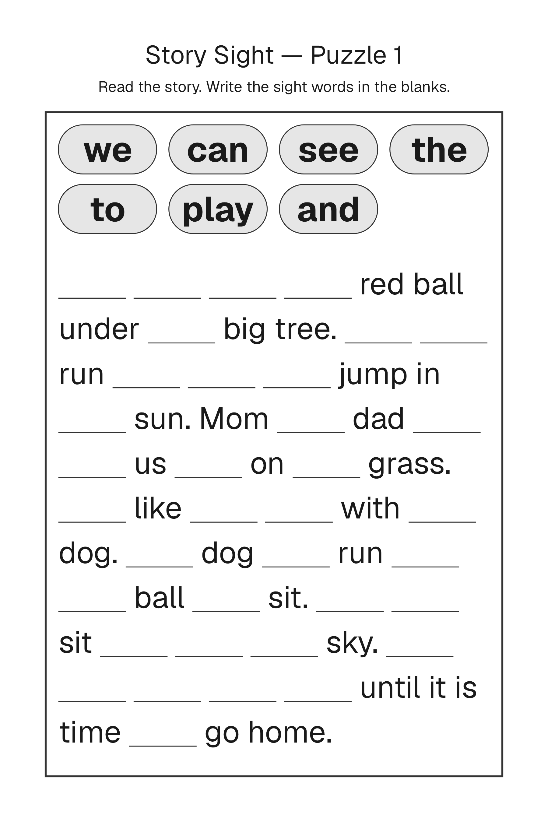 Printable Story Sight Words puzzle page