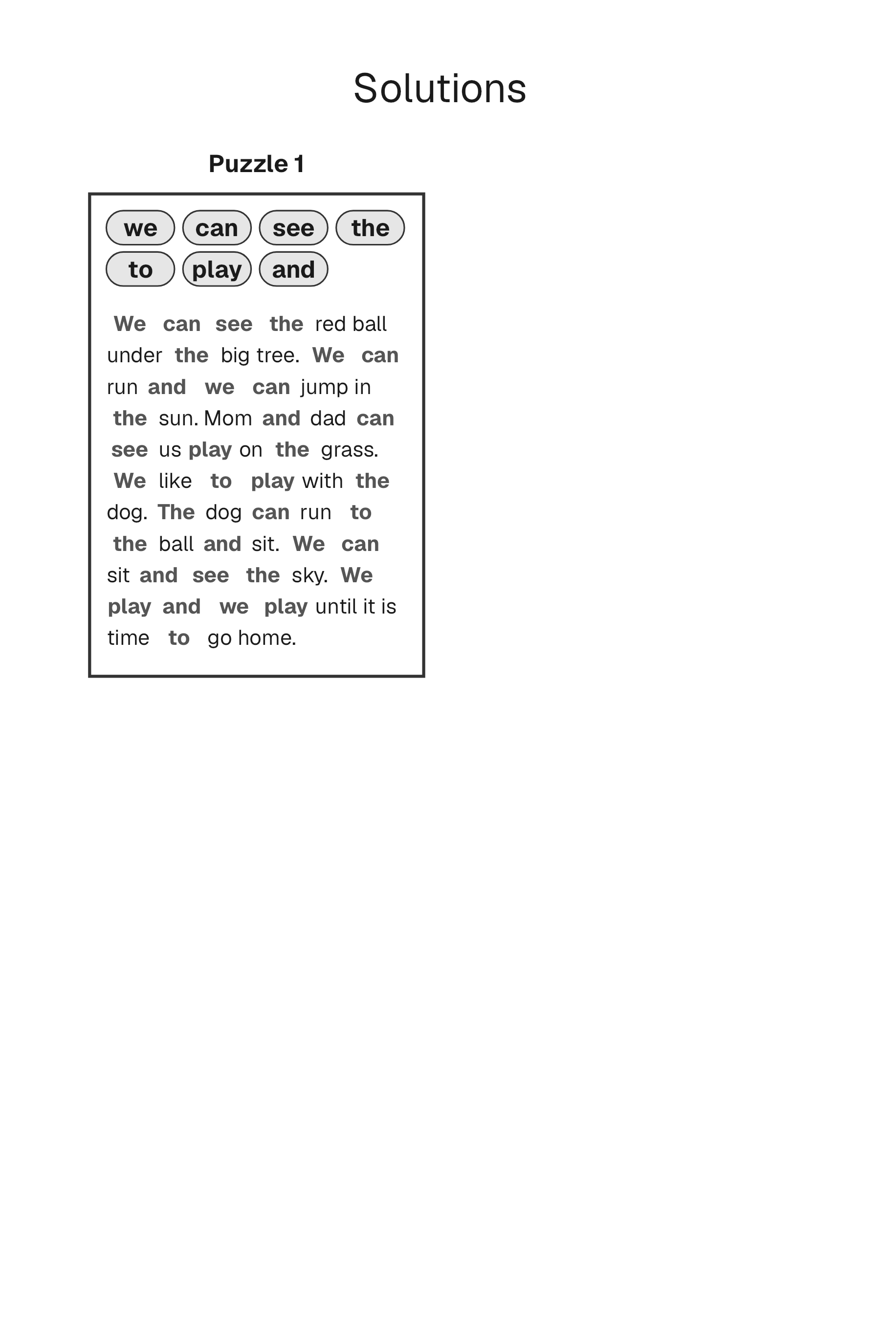 Story Sight Words solution page