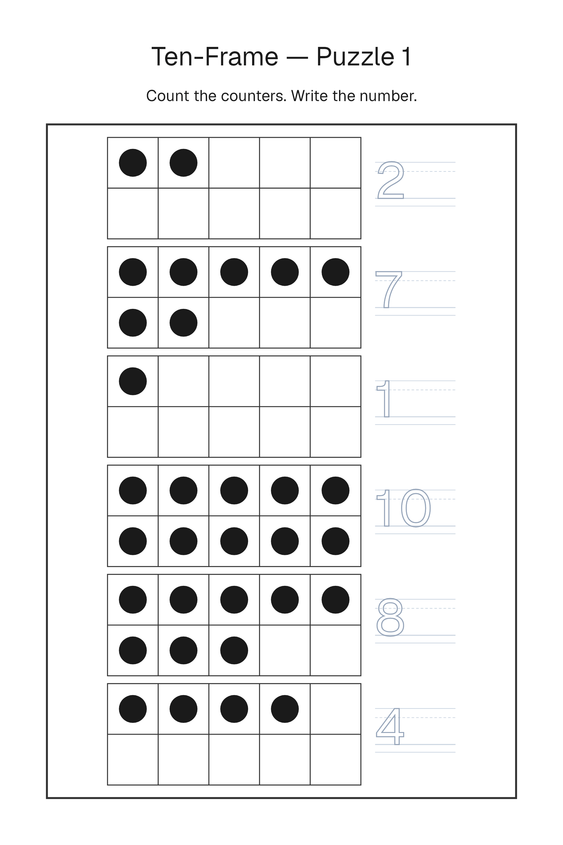 Printable Ten Frame puzzle page