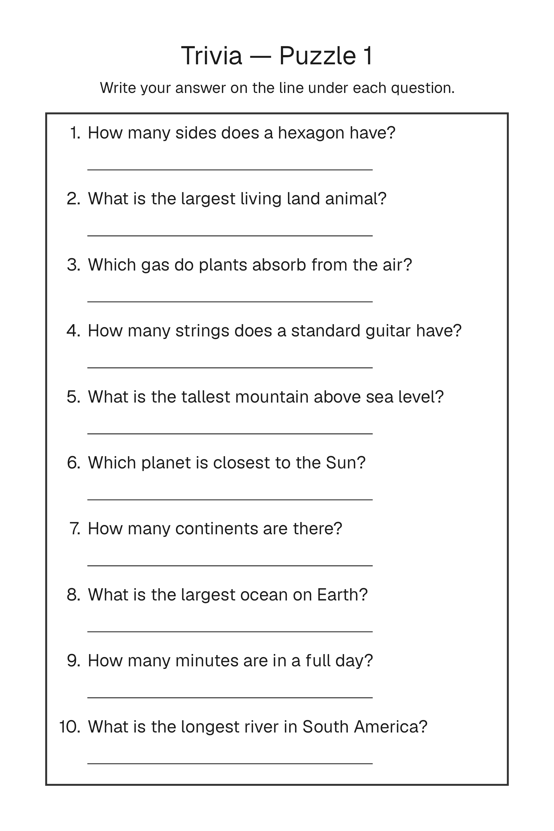 Printable Trivia puzzle page