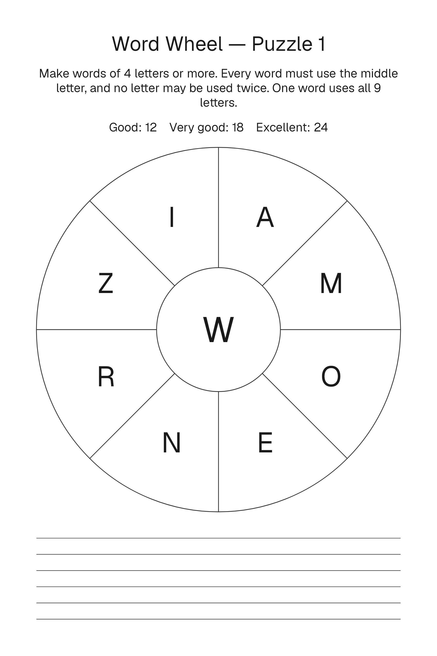 Printable Word Wheel puzzle page