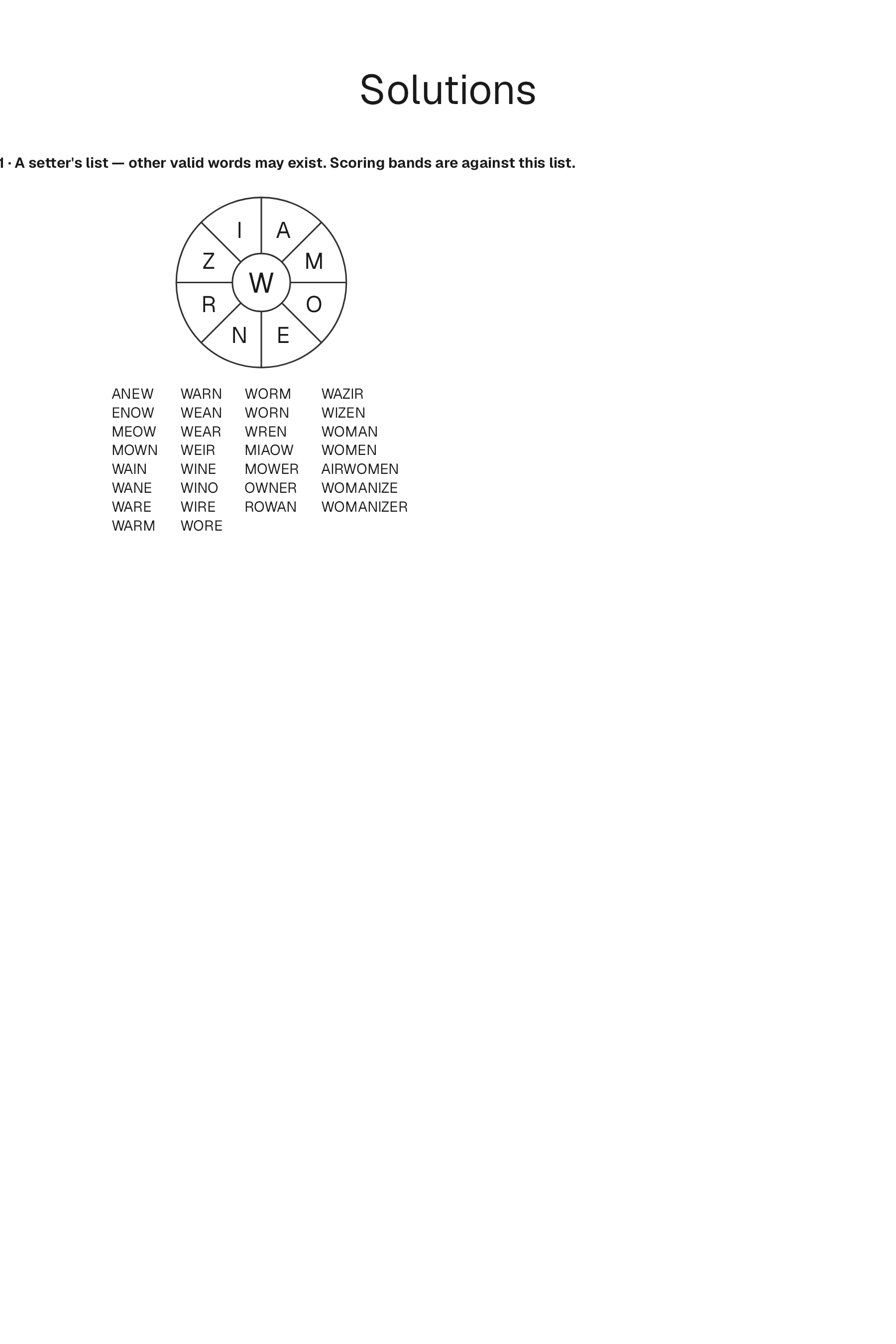 Word Wheel solution page