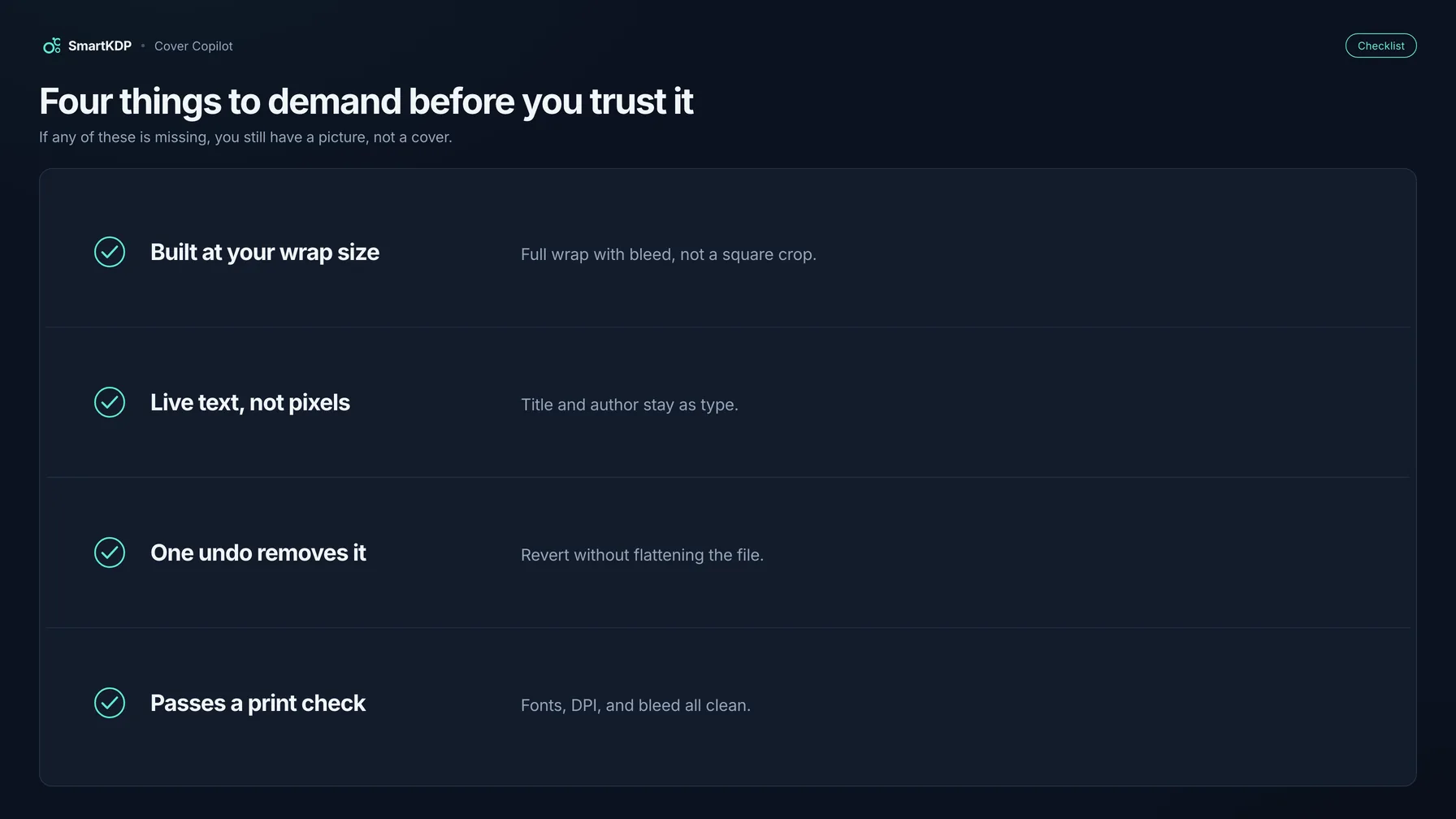 Four tests for an AI cover tool: built at your wrap size, live text not pixels, one undo removes it, passes a print check